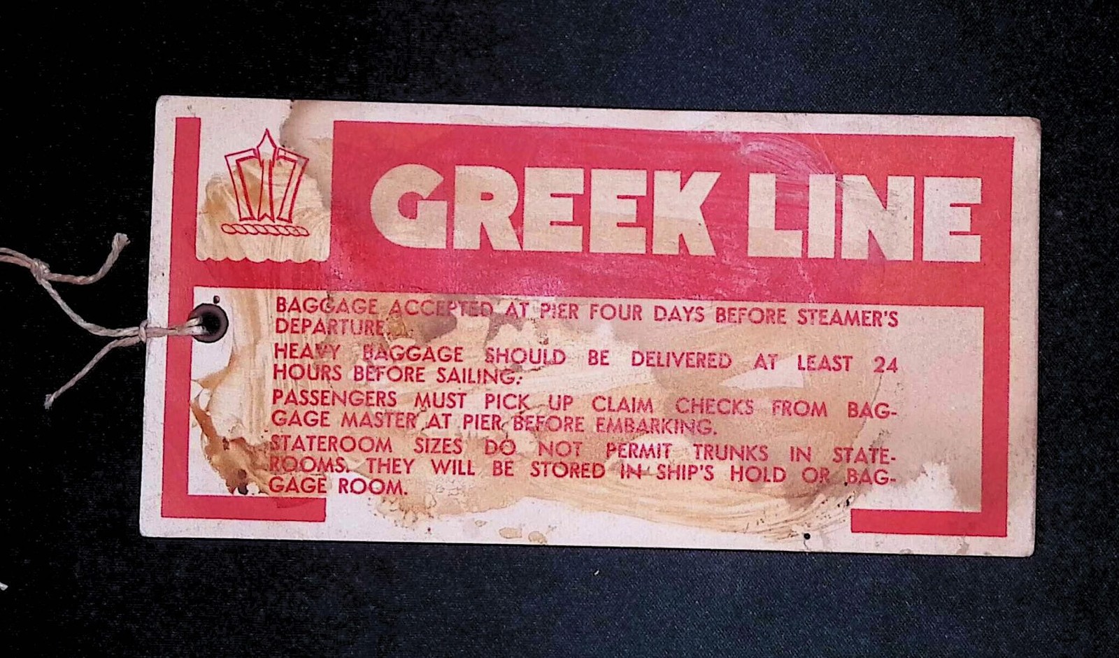 Greek Line TSS Olympia First Class Baggage Tag 1950s Naples to New York