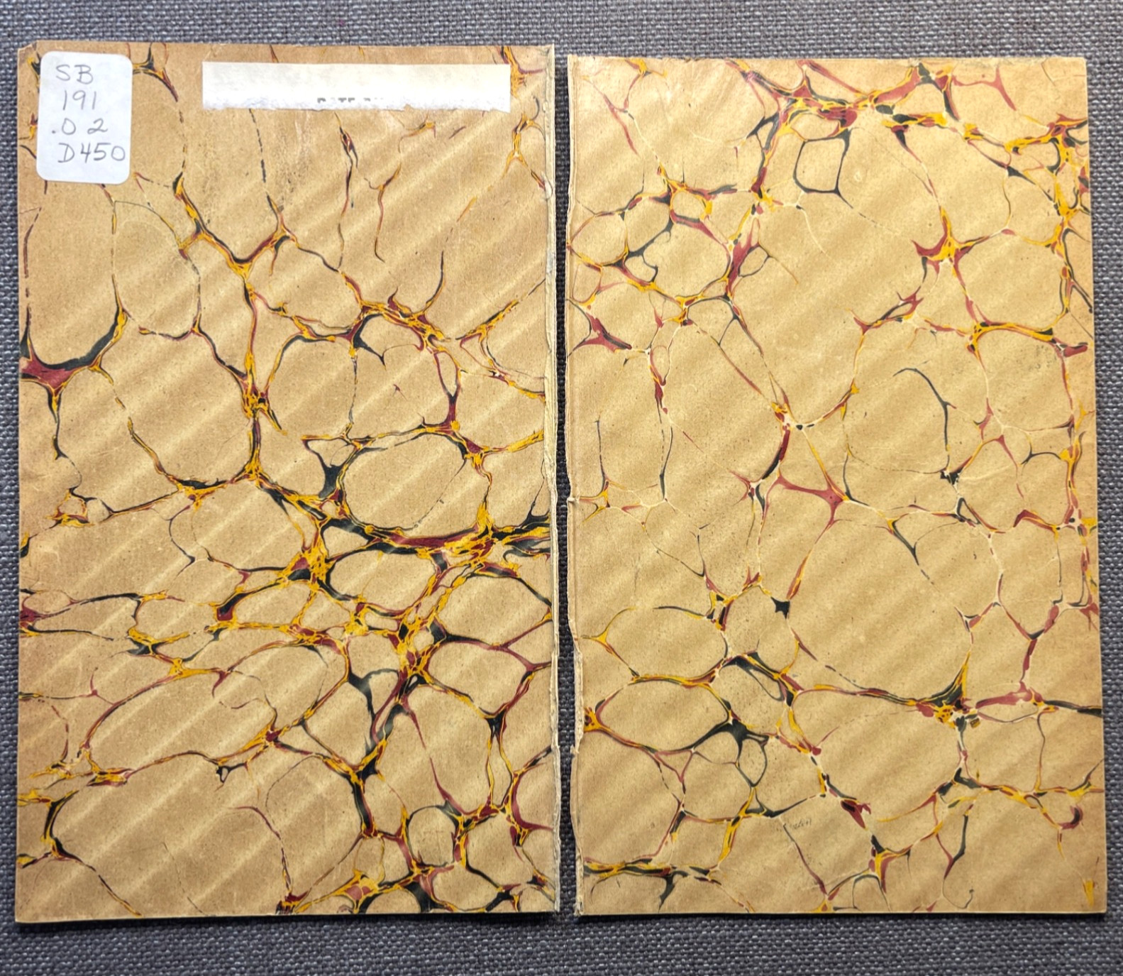 Antique Marbled End Papers Pair Bookbinding Brown Red Yellow