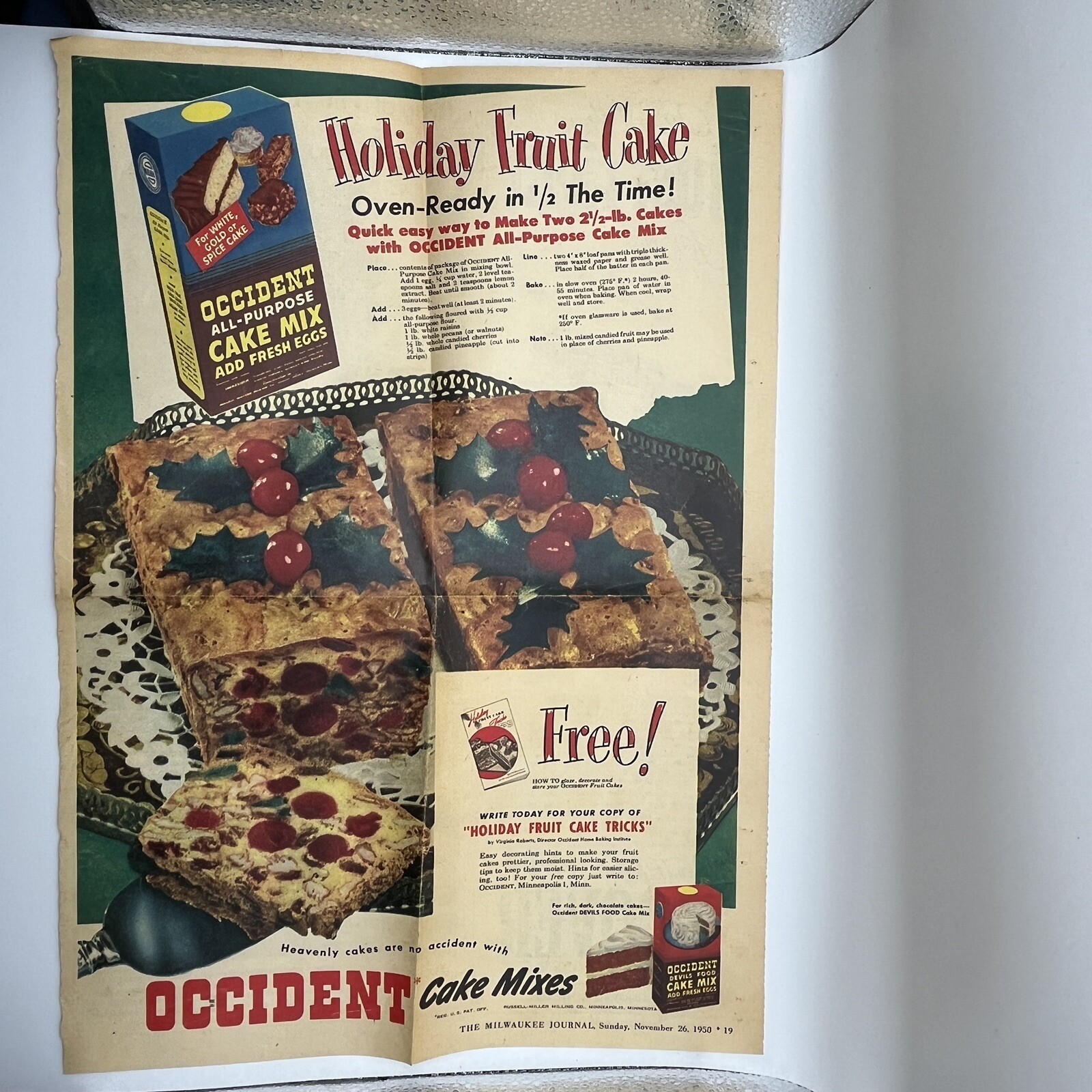Vintage Print Ad OCCIDENT Cake Mixes, Recipe Holiday Fruit Cake, 1950