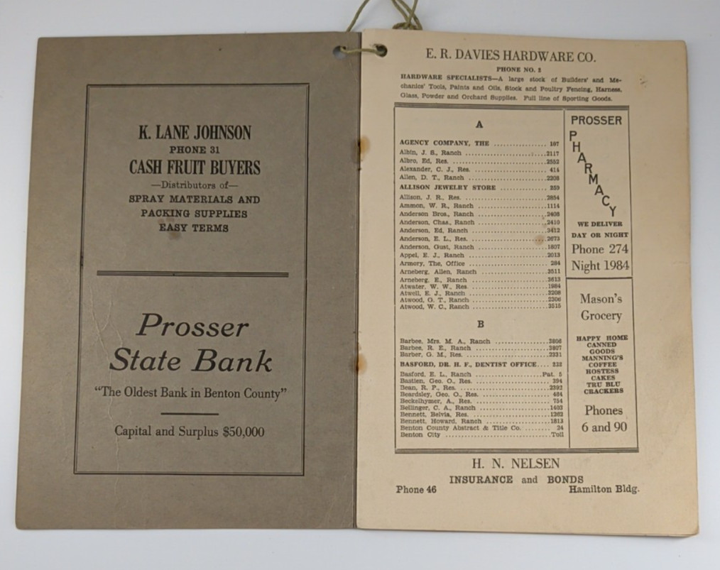 Telephone Directory Prosser Byron Paterson Washington October 1928 Vintage