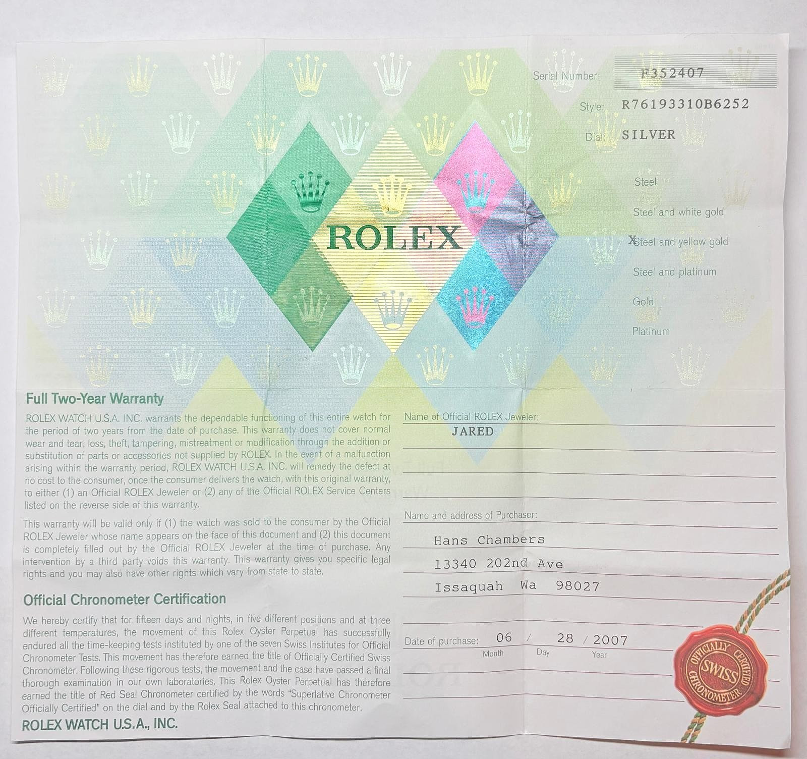 Rolex 76193 Oyster Perpetual Warranty Certificate Guarantee 2000s P Serial Cert