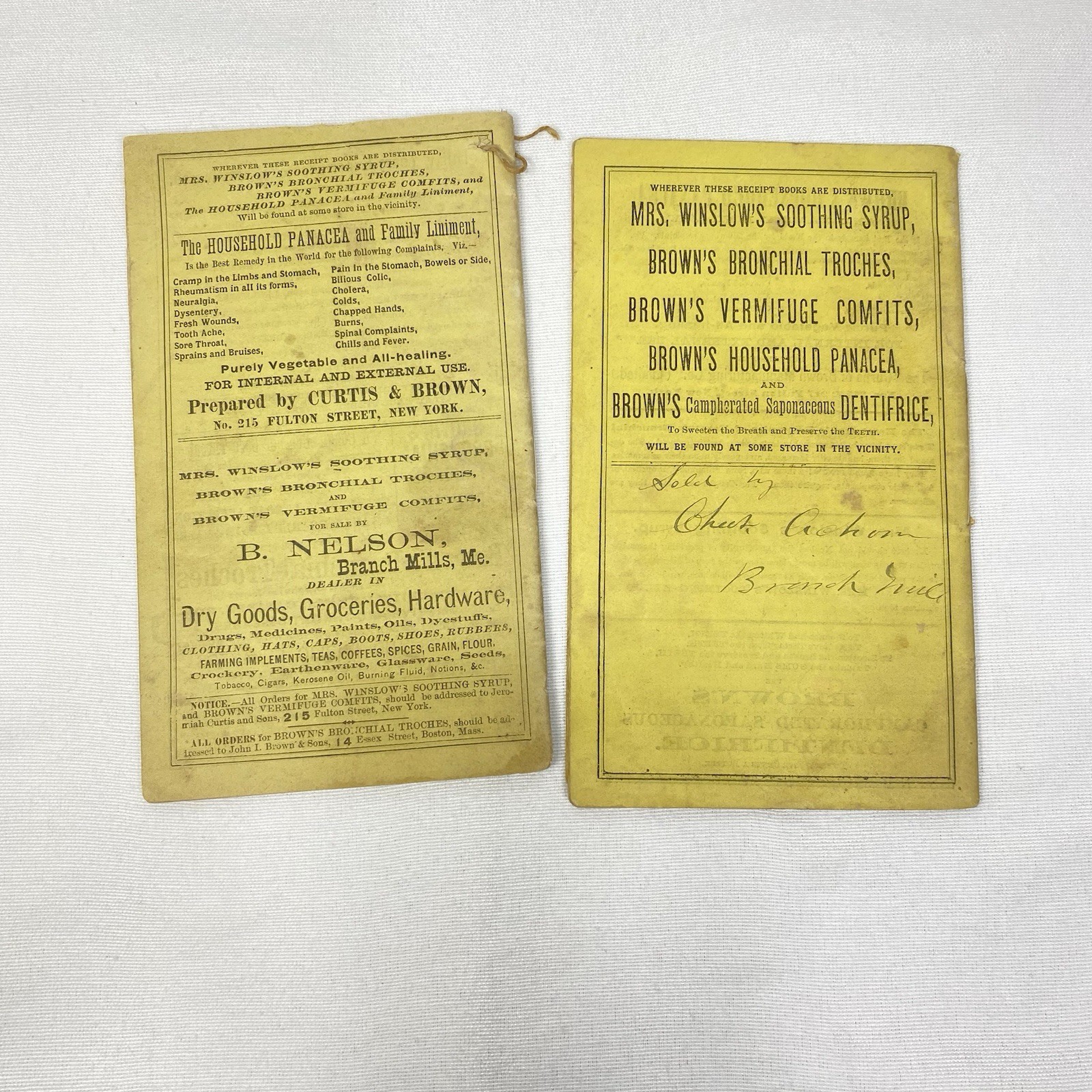 Lot of 2 Mrs Winslow’s Receipt Books 1872, 1877 Brown’s Bronchial Troches