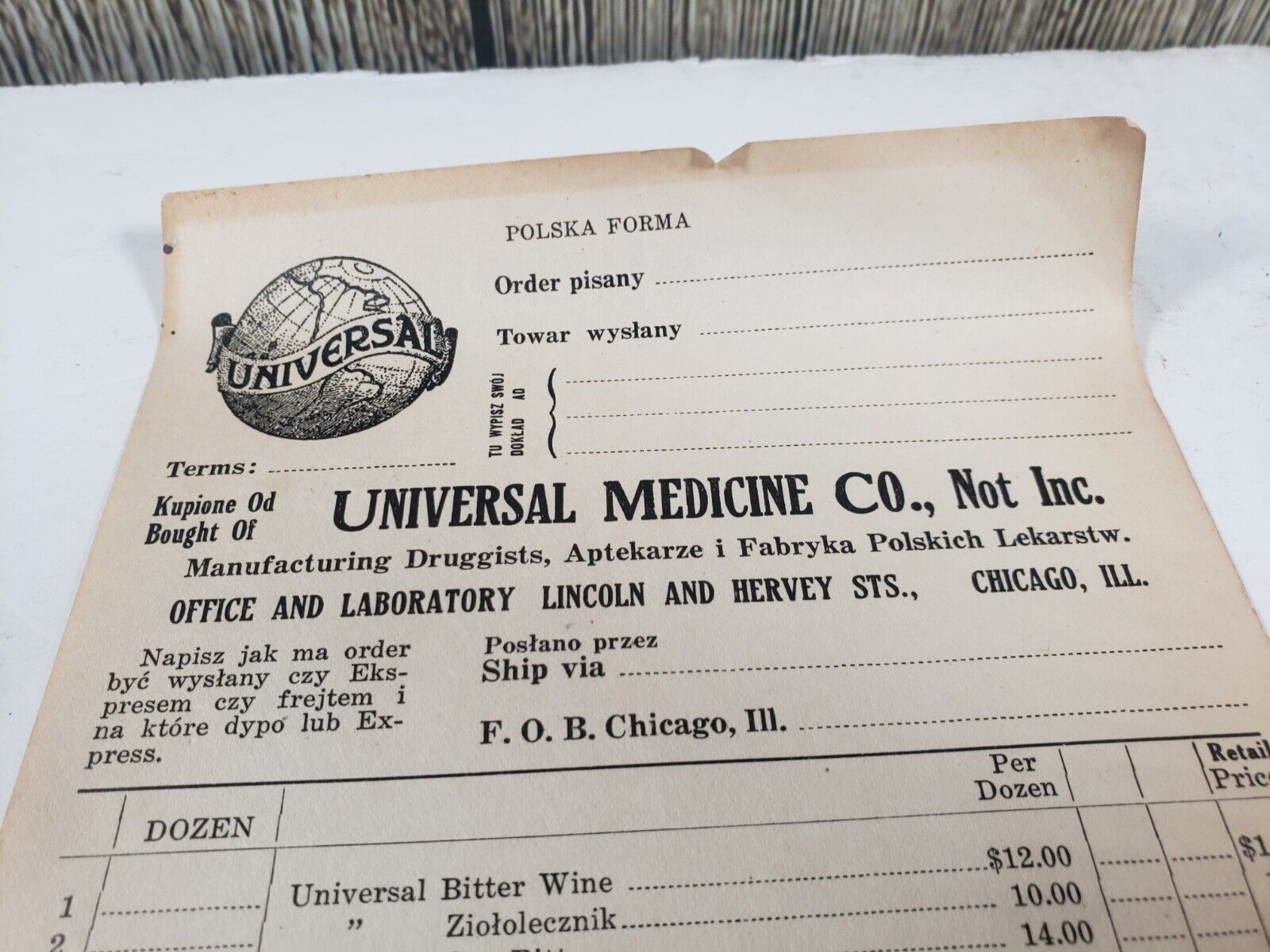 UNIVERSAL MEDICINE COMPANY Order Form Toiletries Chicago Vtg Early 1900 Ephemera