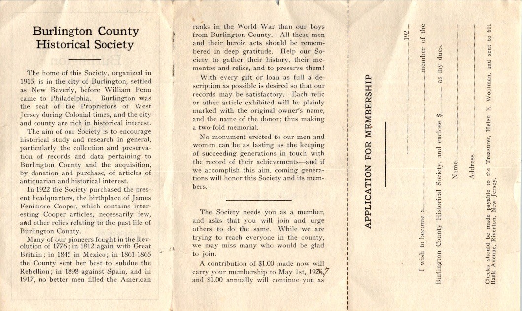 Burlington County Historical Society 1920s Membership Brochure NJ Cooper