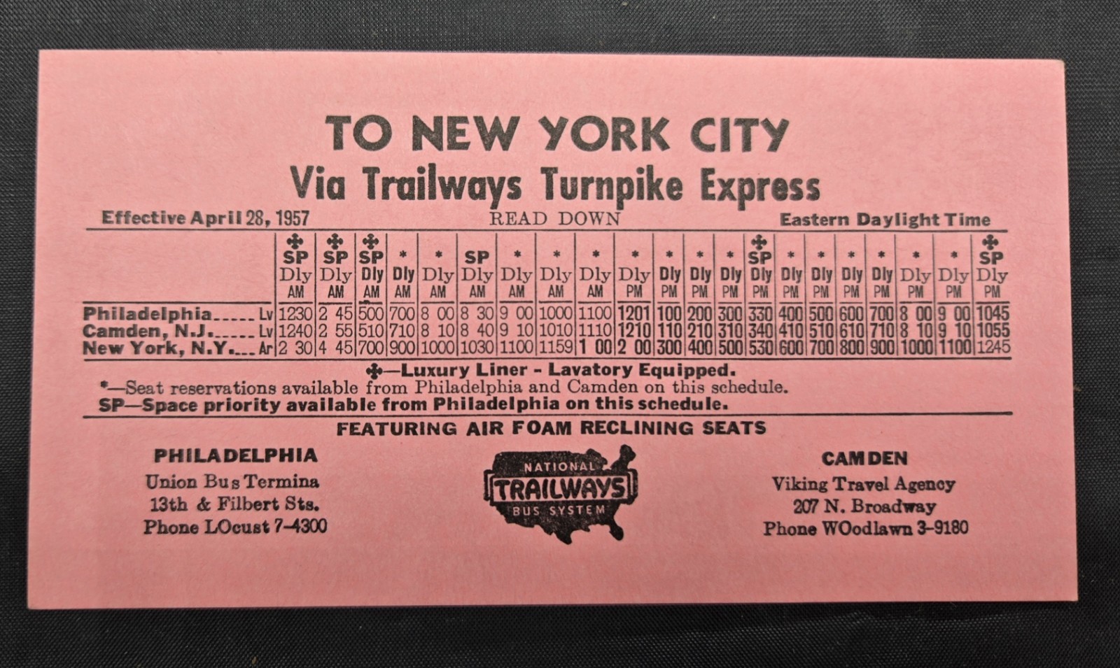 1957 National Trailways Bus Line Turnpike Schedule New York City to Philadelphia