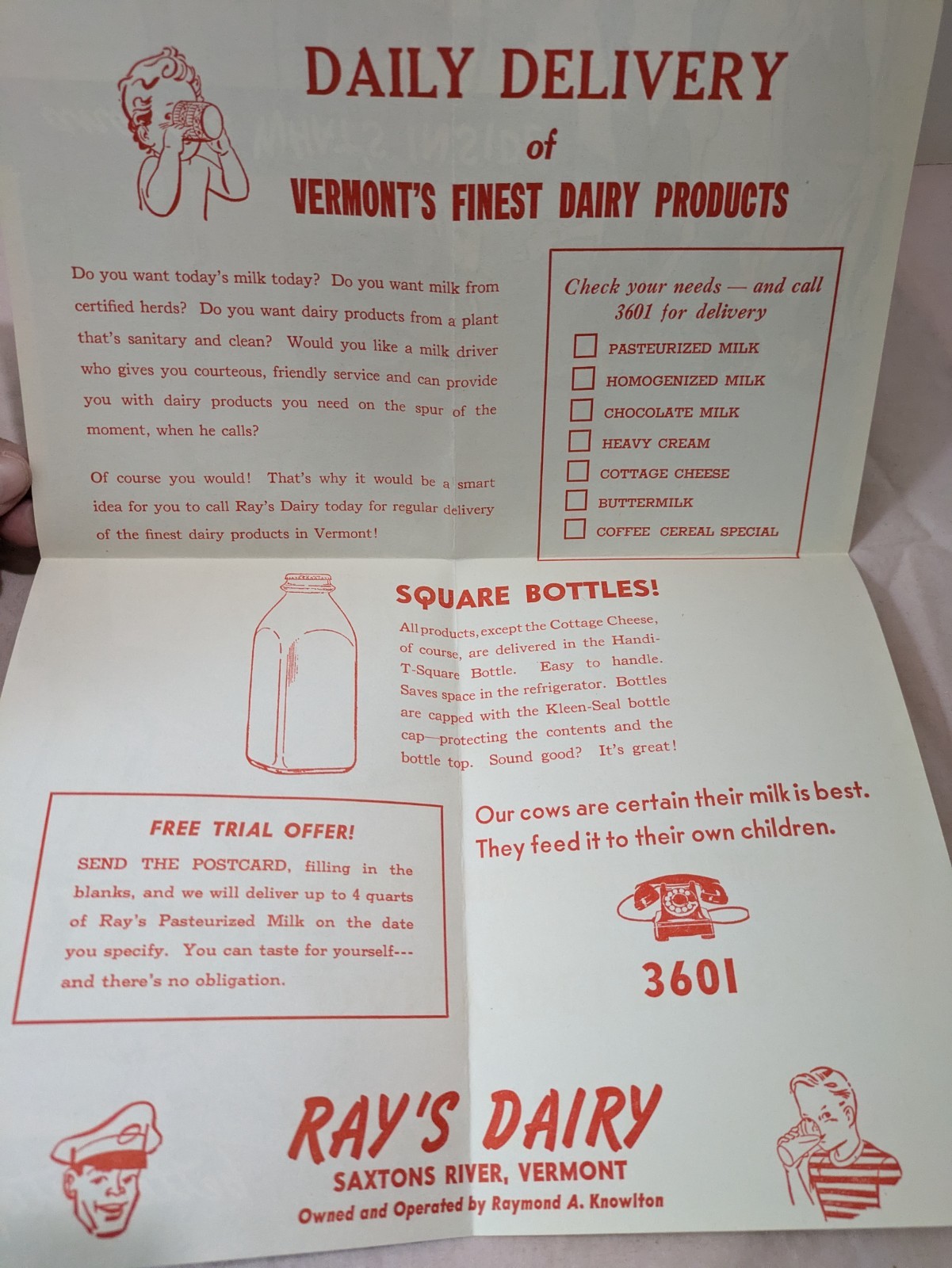 Vintage Advertising Mailer RAY’S DAIRY Saxtons River VT 1950’s NOS