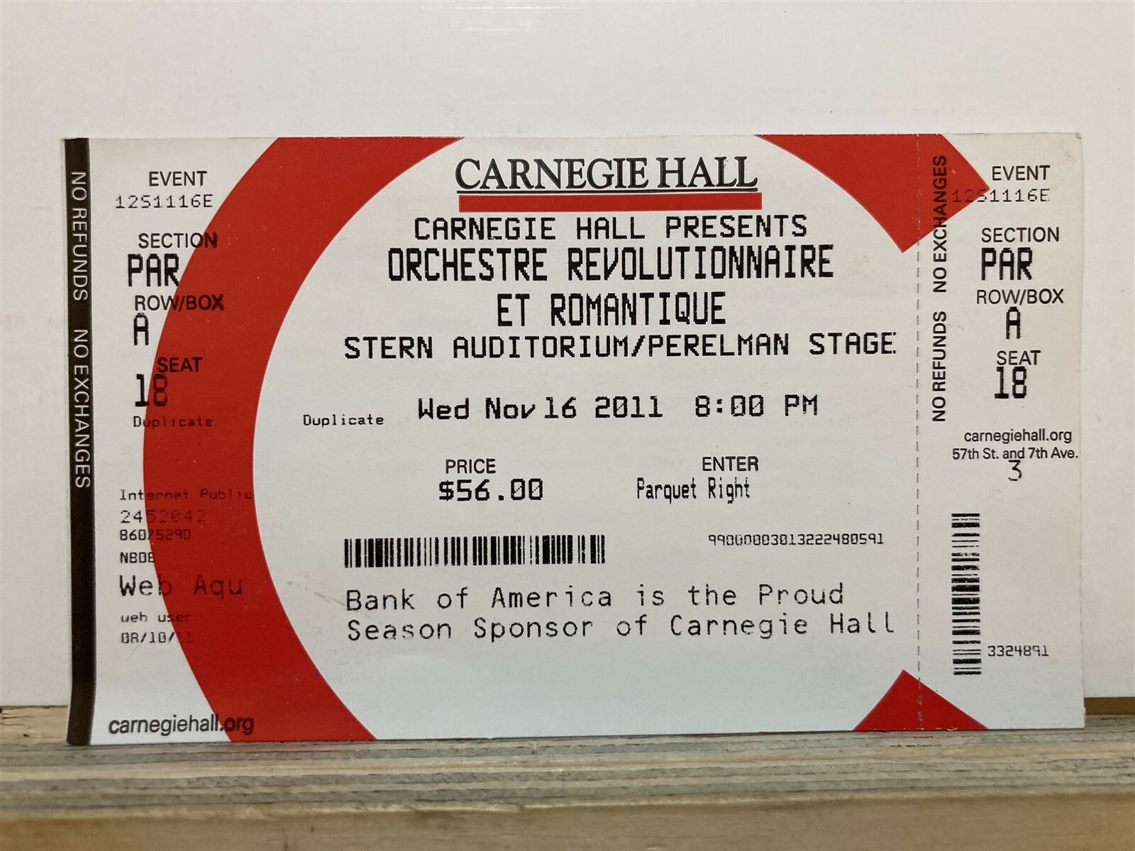 2011 Orchestra Revolution Et Romantique Carnegie Hall NYC Ticket Stub Vtg