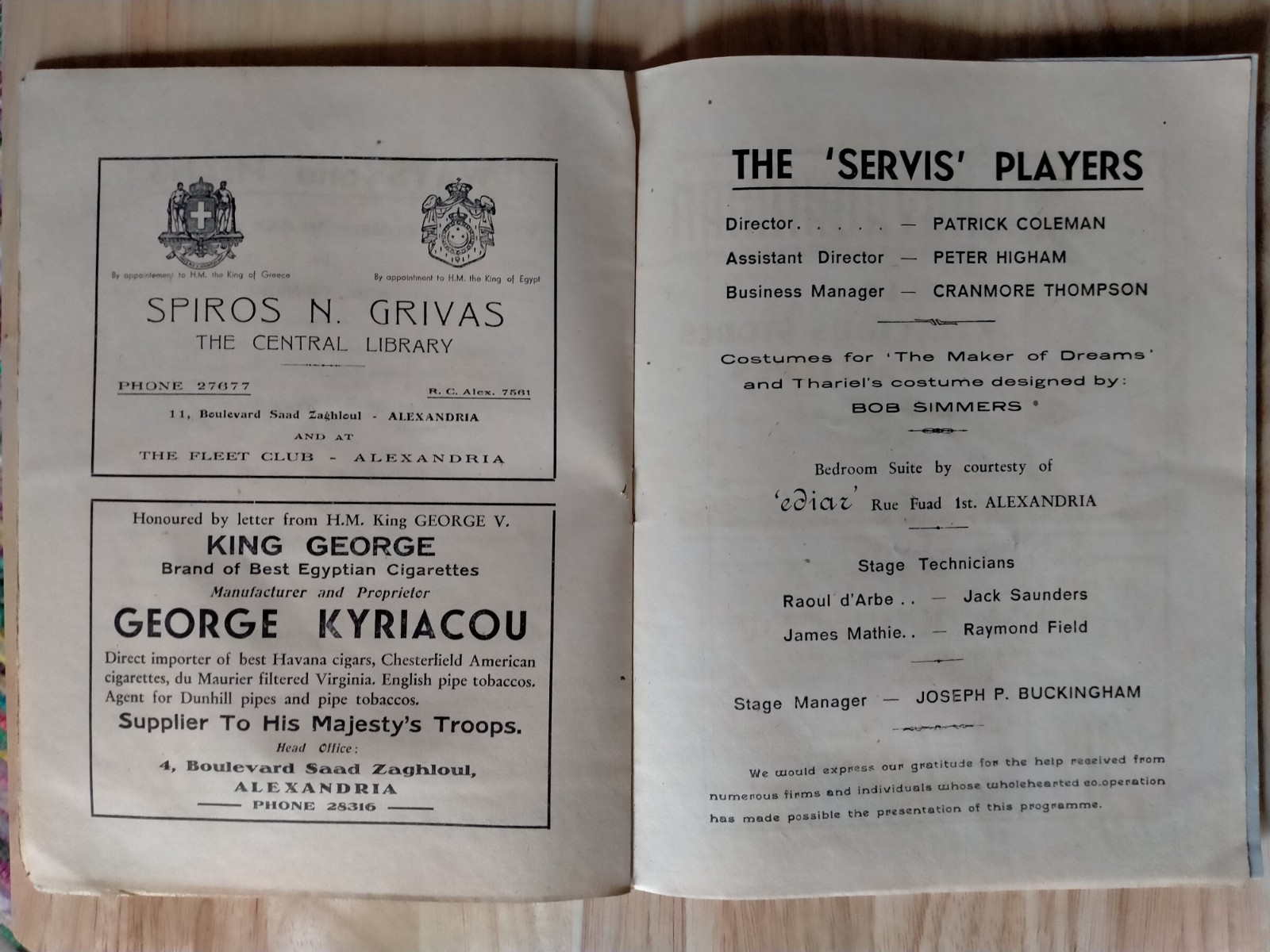 WW2 One Act Plays Concert Programme Egypt 1943 in aid of the GOC’s Welfare Fund