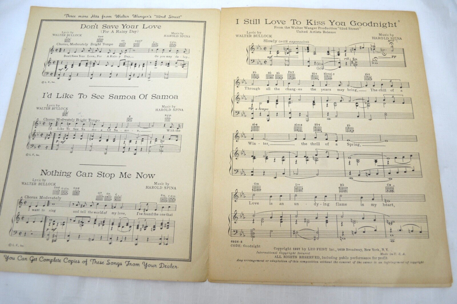1936 Vtg Sheet Music Piano I Still Love to Kiss You Goodnight From 52nd Street