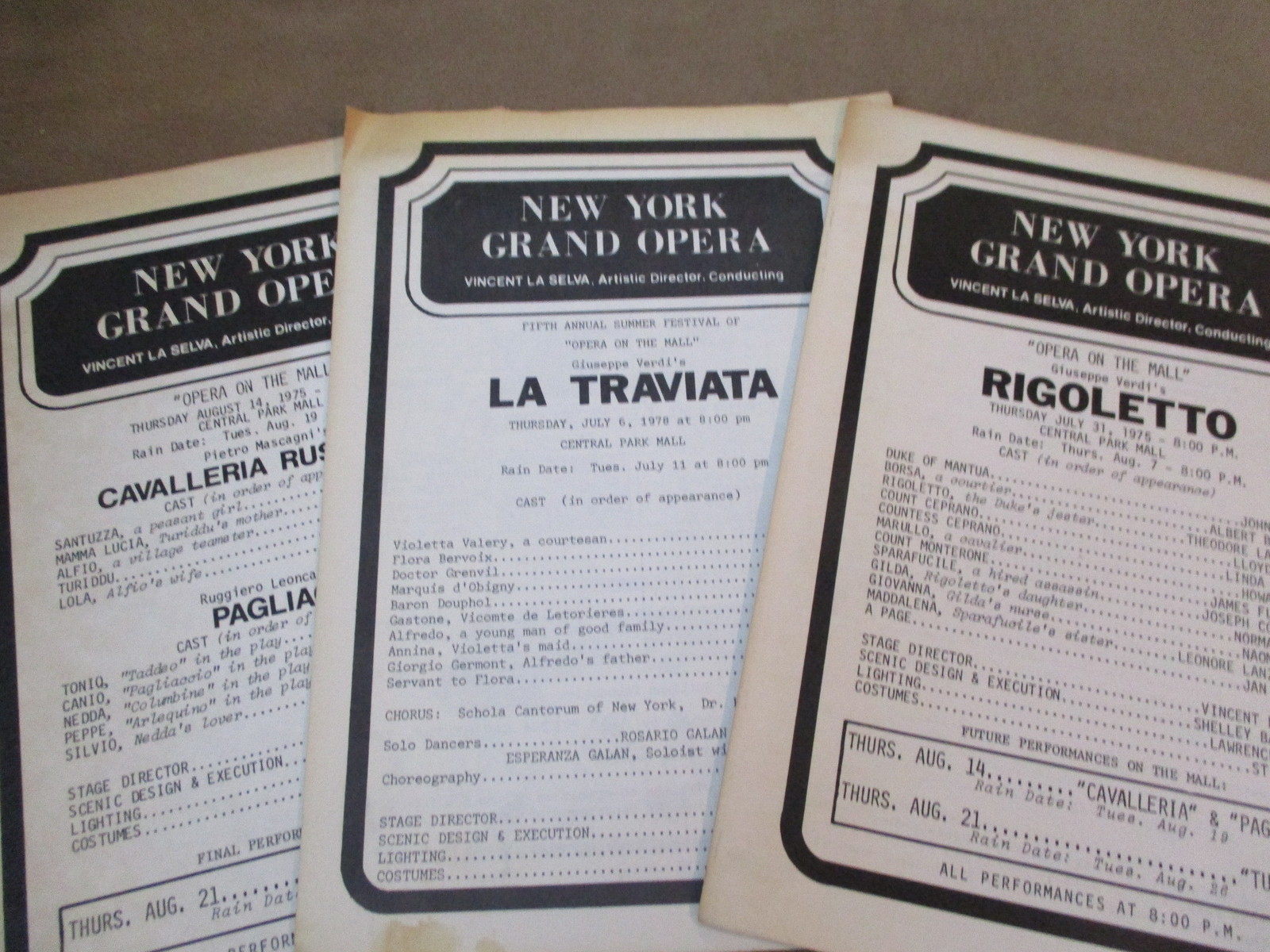 LOT OF 3 – NEW YORK GRAND OPERA – OPERA ON THE MALL CENTRAL PARK PROGRAMS 1975