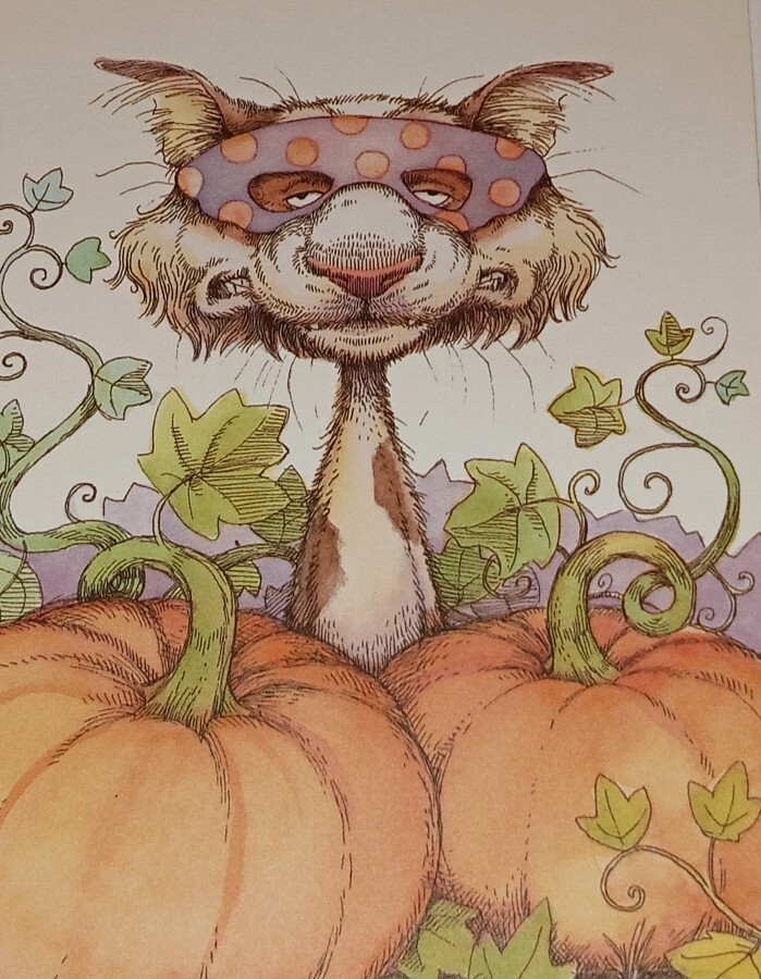 Halloween greeting card, cat in pumpkin patch, Rebble 7 1/4″ used
