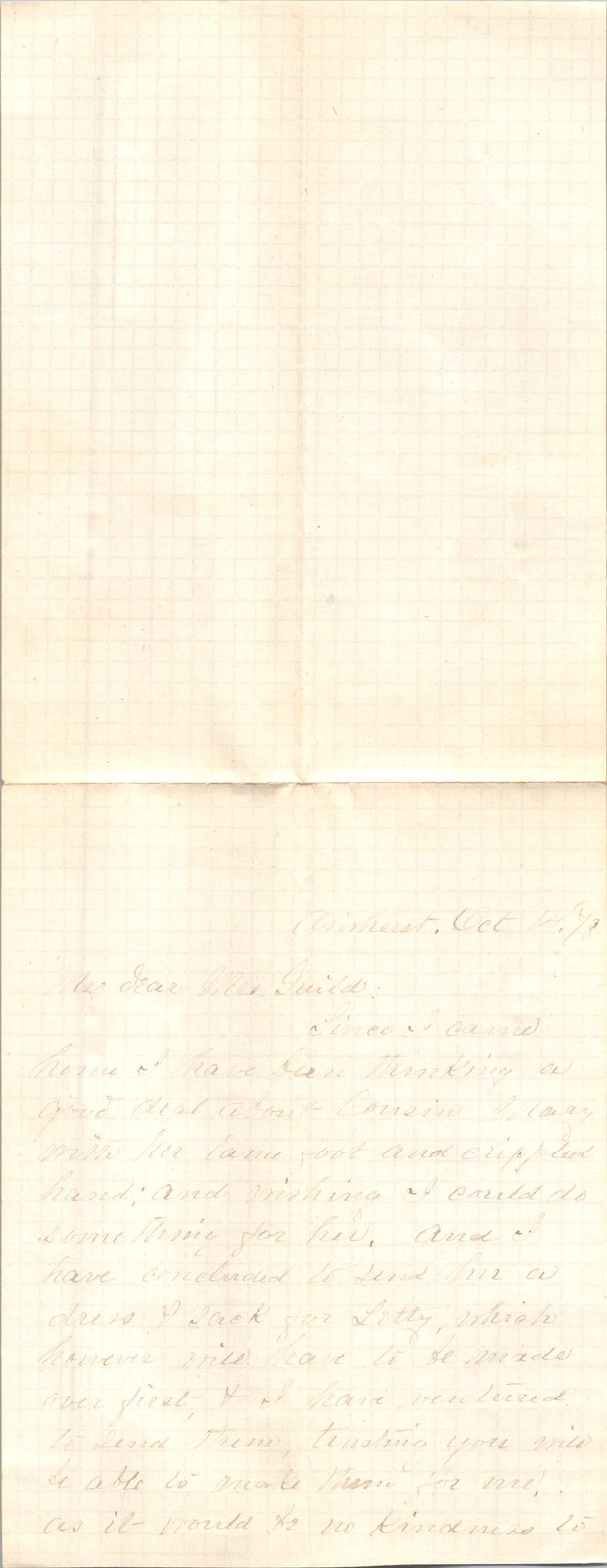 1878 Letter from A.E. Miller Amherst MA to Amelia S. Guild Heath MA Dress Cloak