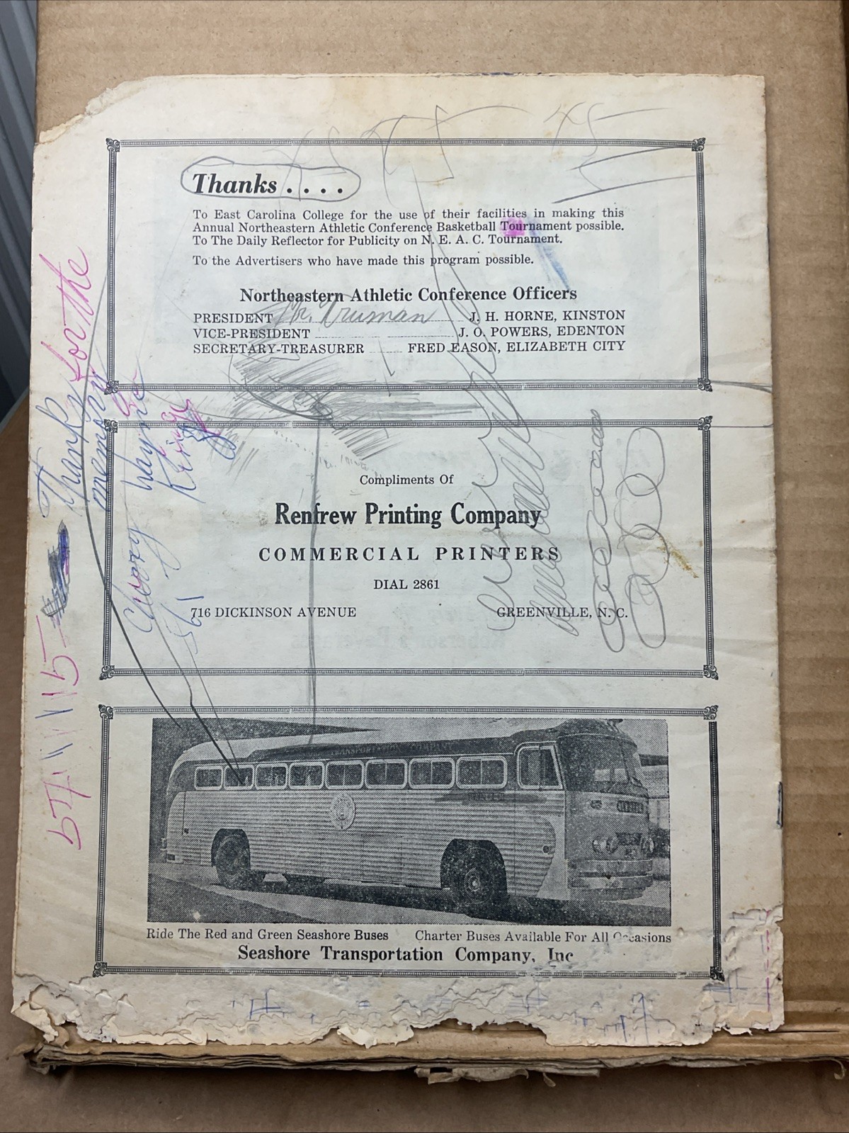 1 Mar 1952 Basketball Tournament East Carolina College Greenville Nc B65