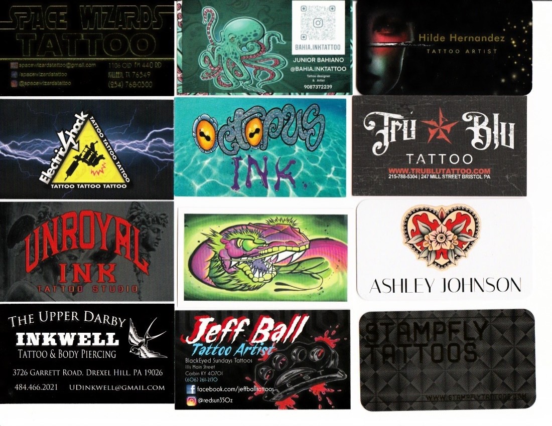 100 Different American Tattoo Shop Business Cards Set 1