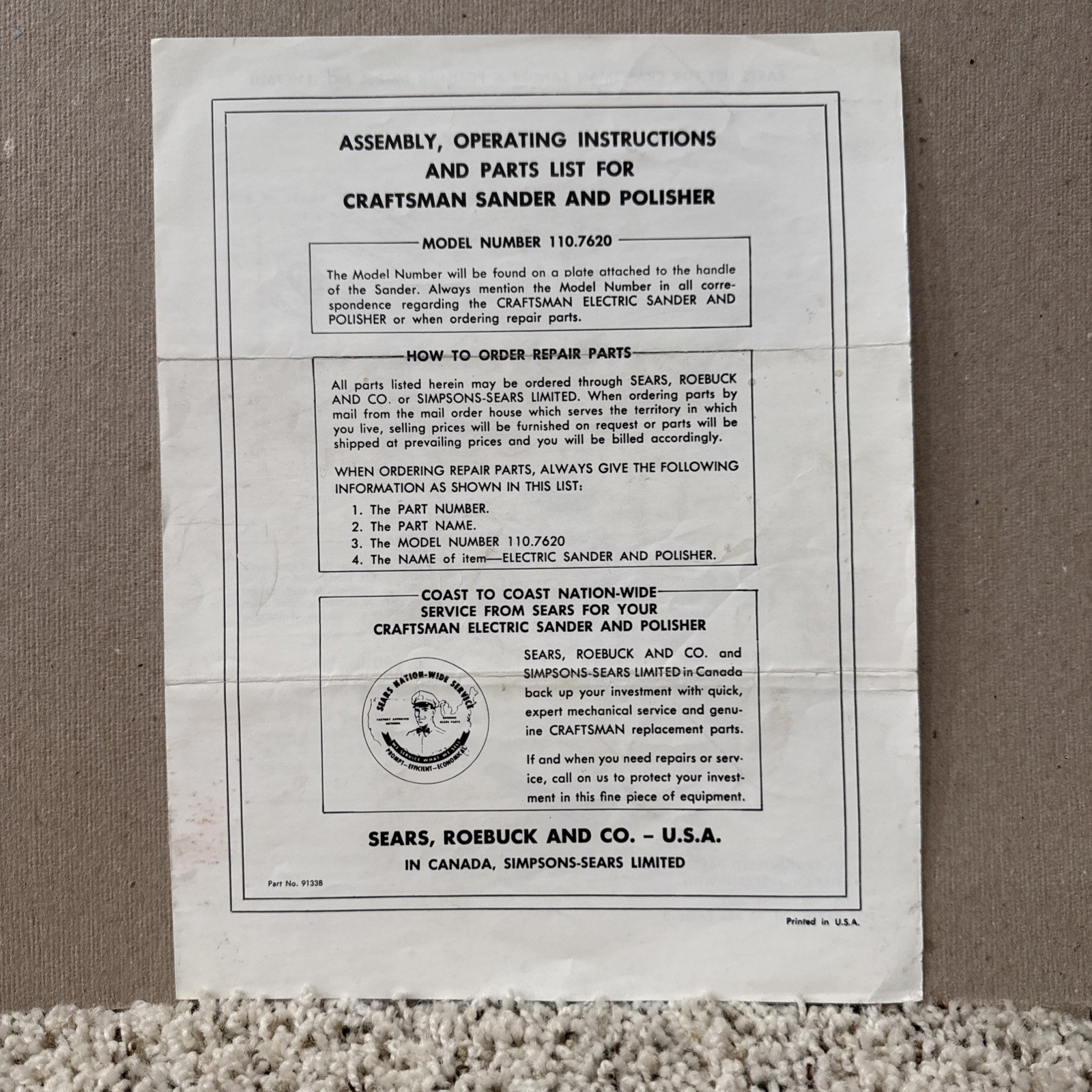 1960’s Craftsman Sander & Polisher Sears 110-7620 Owners Manual Vtg