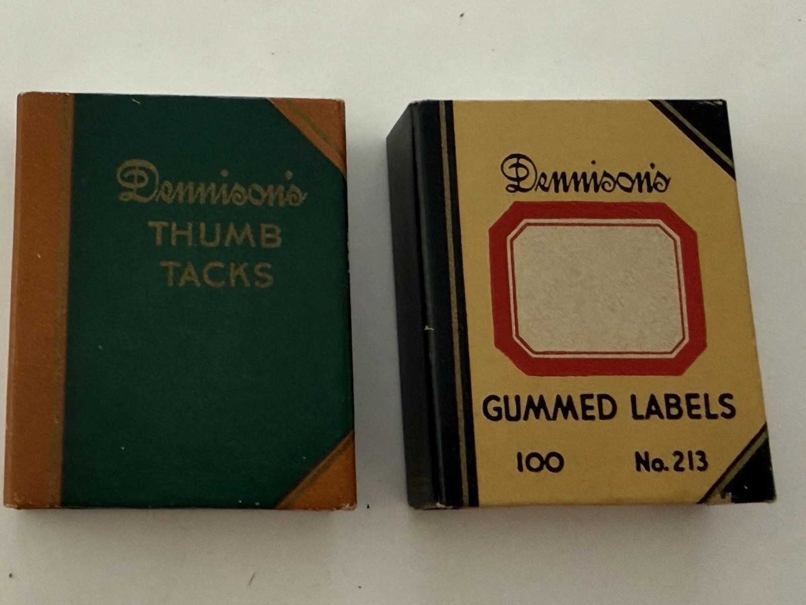 Vtg Dennison Paper Products,lot Of 2, Box Of Thumb Tacks & Box Of Gummed Labels