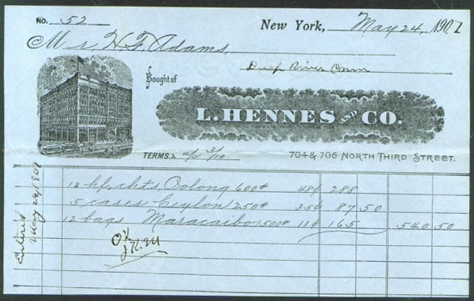 L Hennes & Co Tea invoice New York City 1907