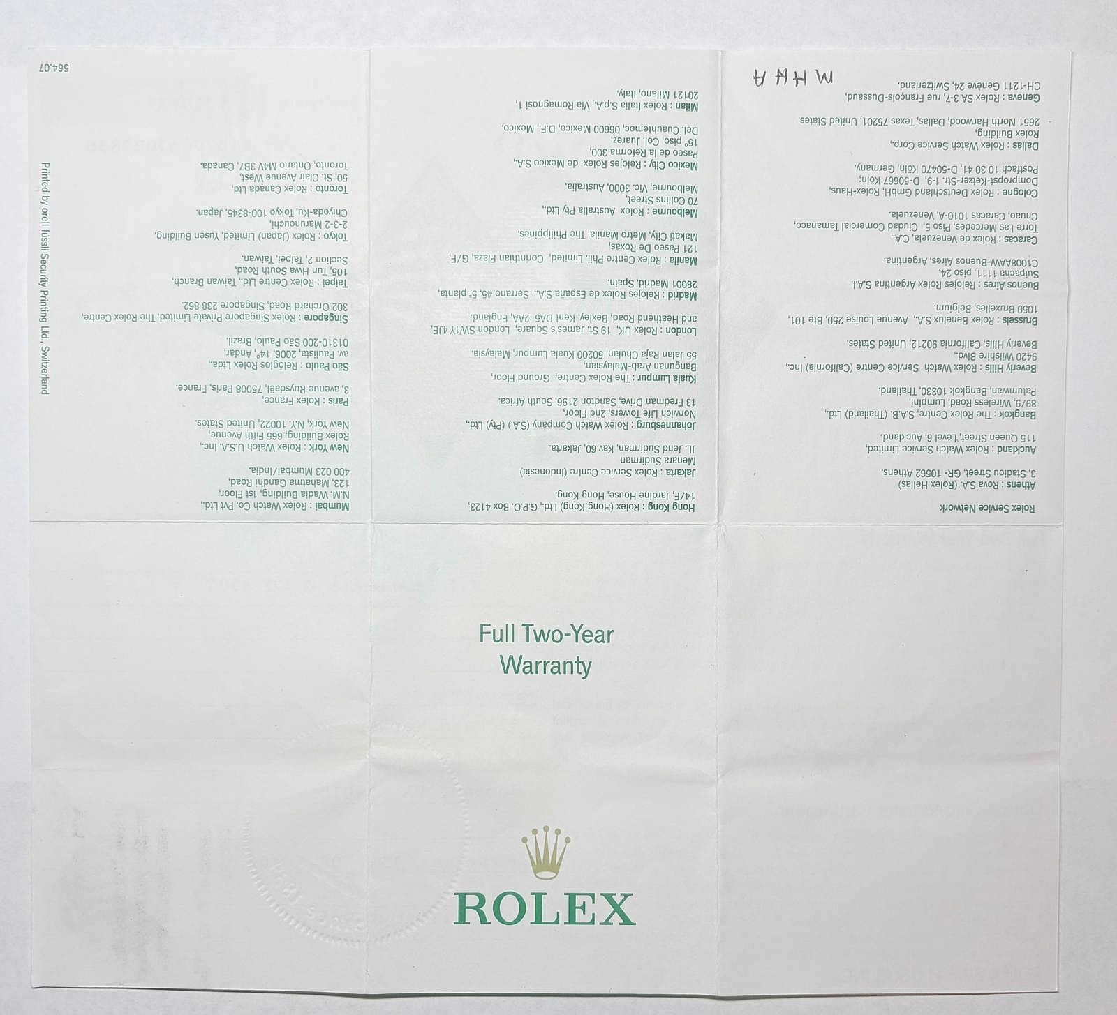 Authentic Rolex 16200 Datejust Warranty Certificate Guarantee 2000s Y Serial