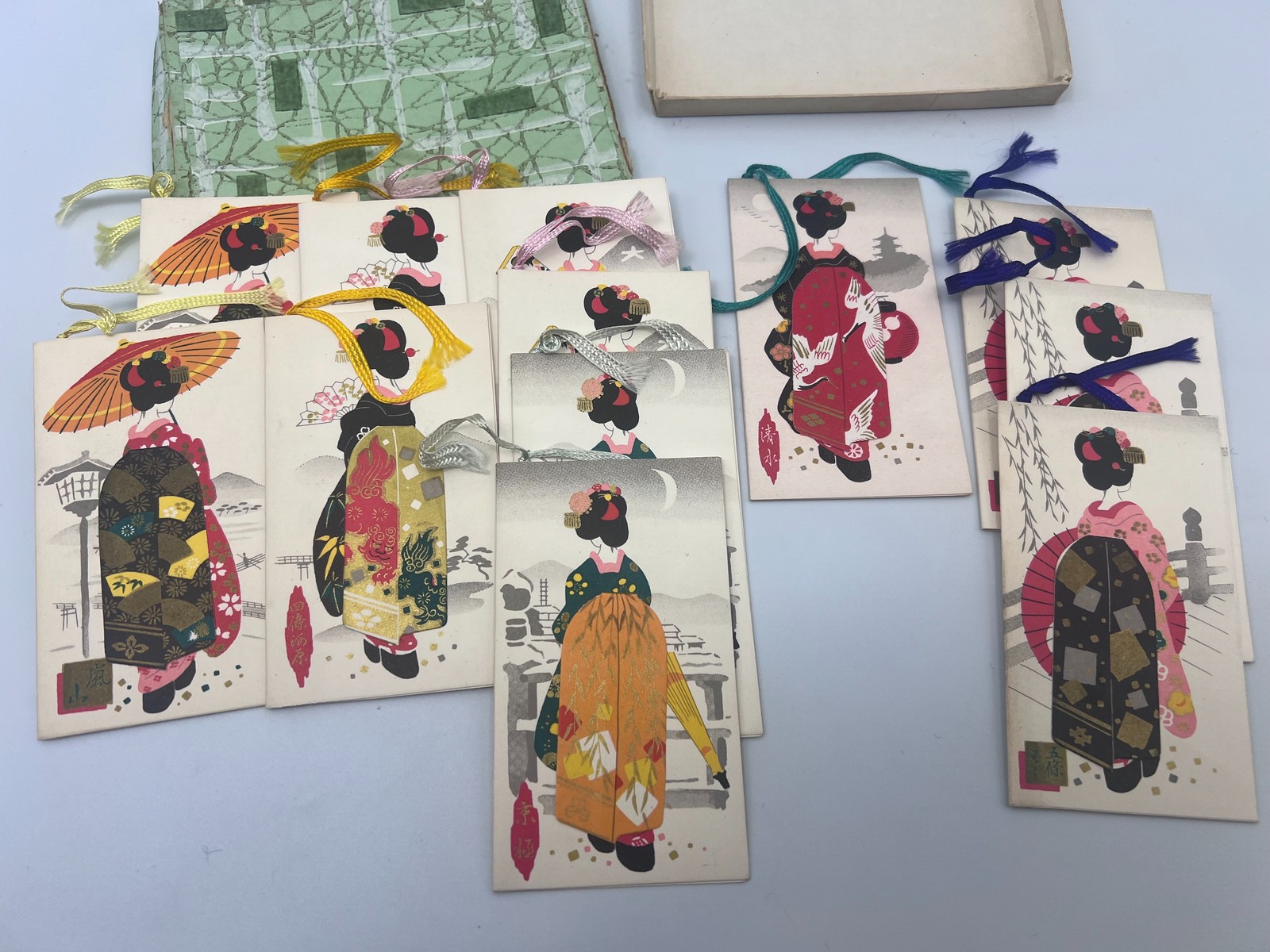 Vintage Japanese Geisha Kimono Pop Up 12 Score Cards Gift Tags Fukuda Card Japan