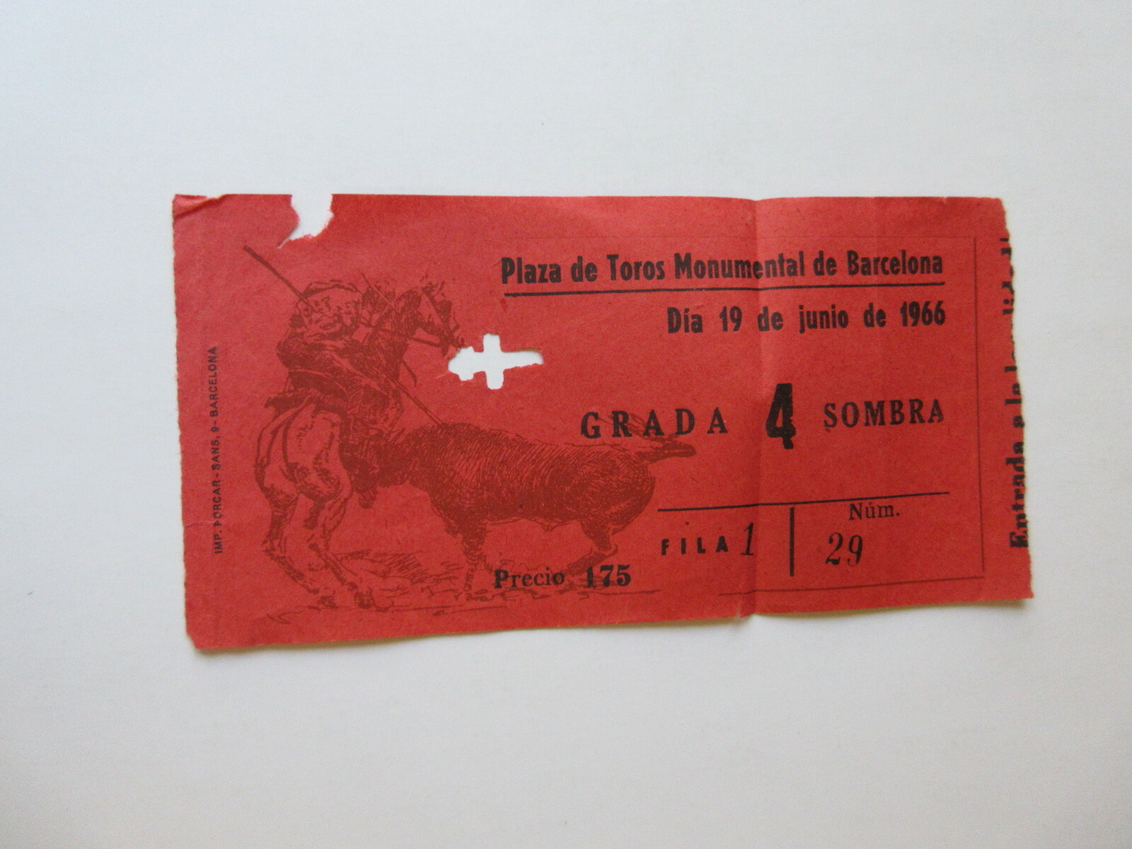 1966 BULLFIGHTING TICKET STUB BARCELONA SPAIN