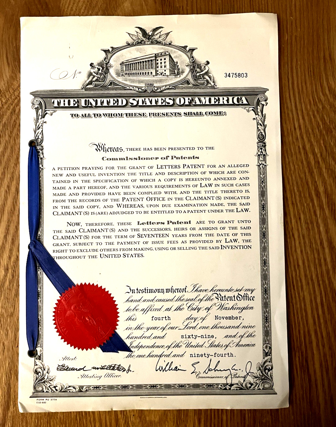 1969 United States of America Patent Office Granted Patent Papers NICE