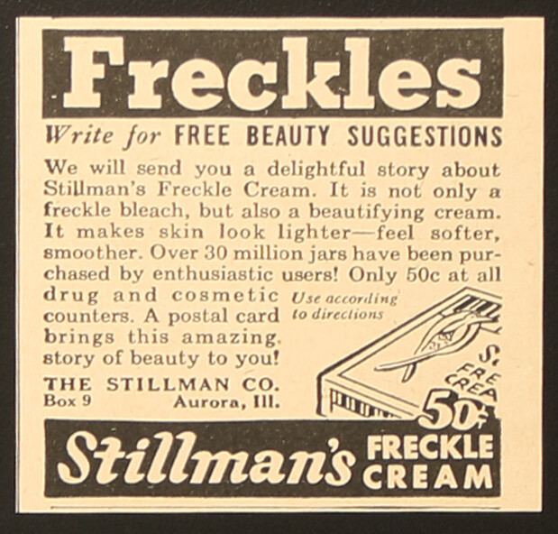 Stillman’s Freckle Cream Remedy Medicine Aurora Il Vintage Print Ad 1947