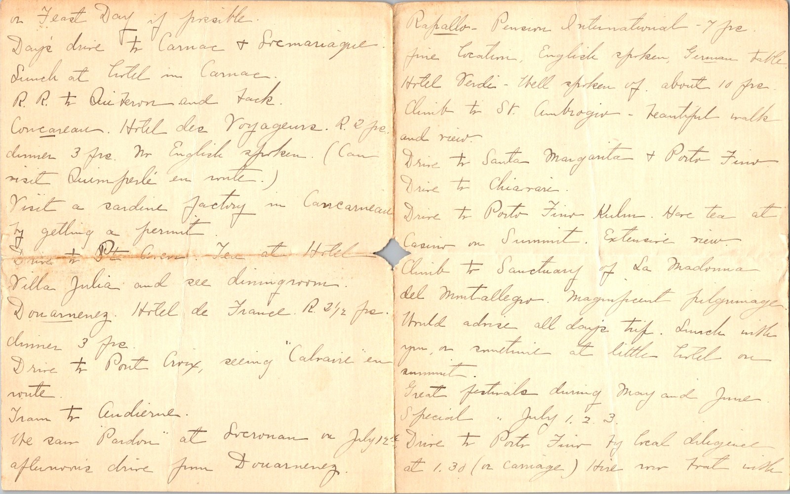 1920s Handwritten European Travel Itinerary Brittany Normandy Italy Riviera