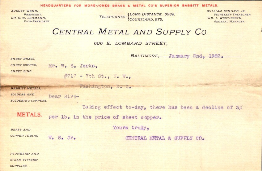 Central Metal Supply Co 1902 Baltimore Letterhead Sheet Copper Price Note