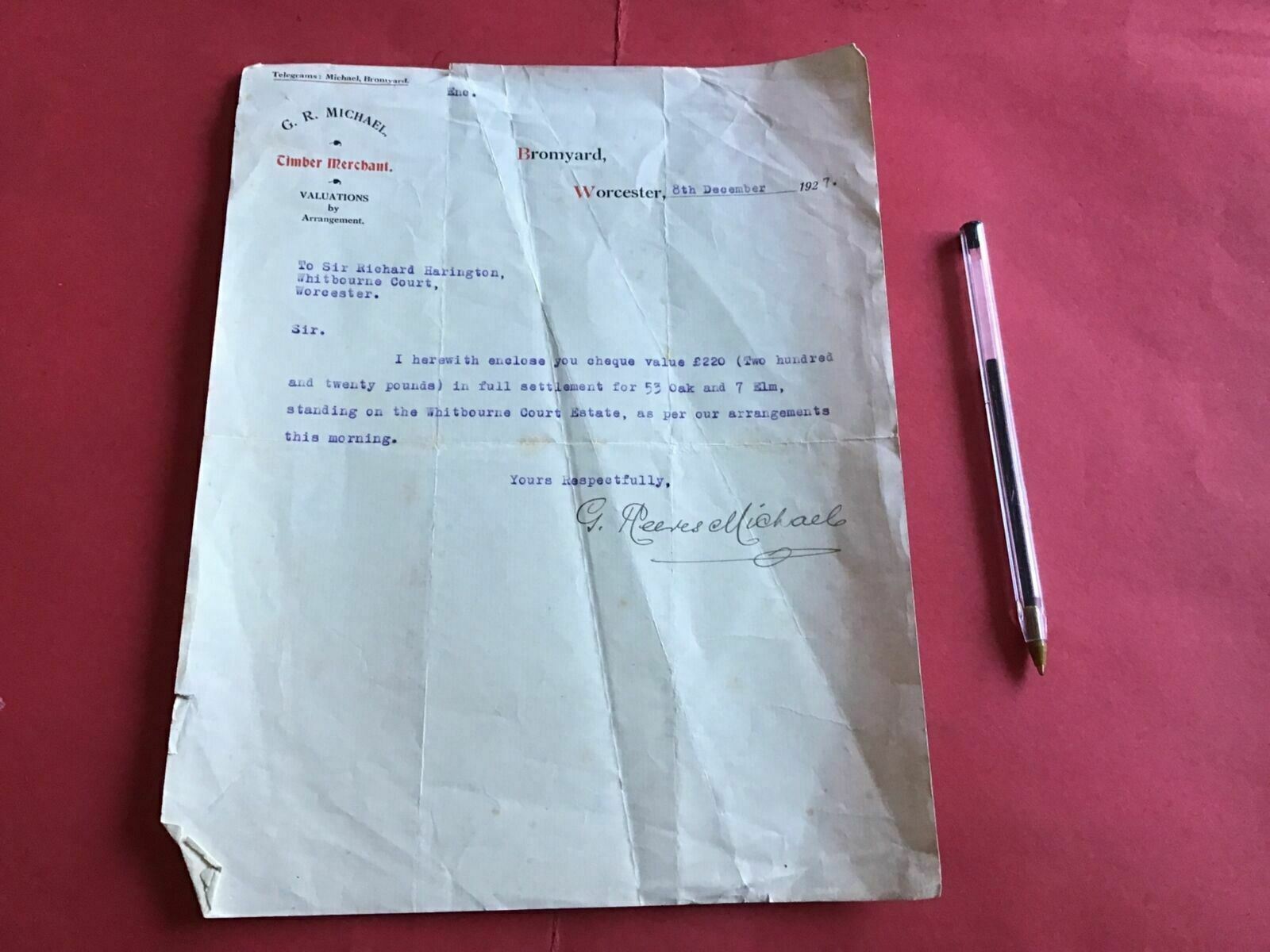 G R Michael Worcester Timber Merchant 1927 letter R36627