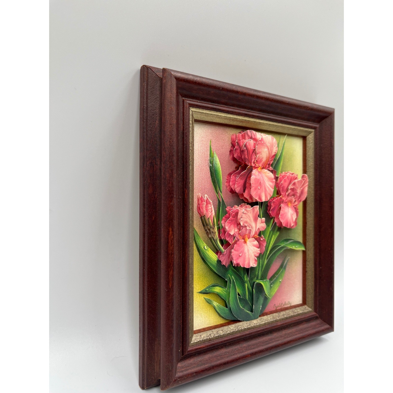 Rare Handmade 3D layered Paper Art 1989 “Pink IRIS” Signed By Crystal Skelley