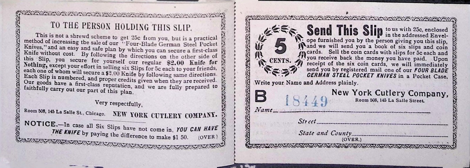 New York Cutlery Co Chicago 1900s Promo Slip B18451 Knife Referral German Steel