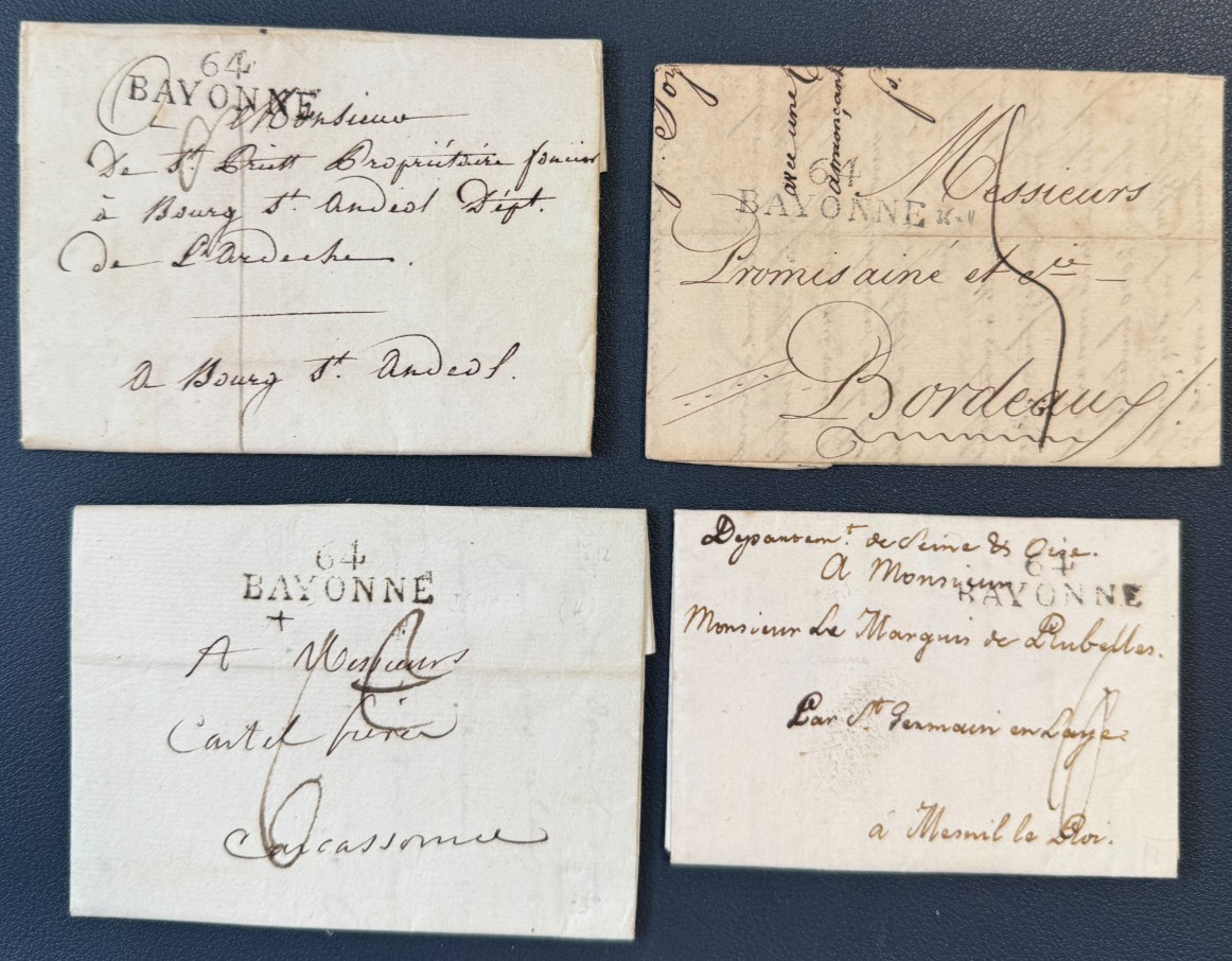 Lot of 4 Letters from BAYONNE / 1812 to 1823 / Linear Mark with Number