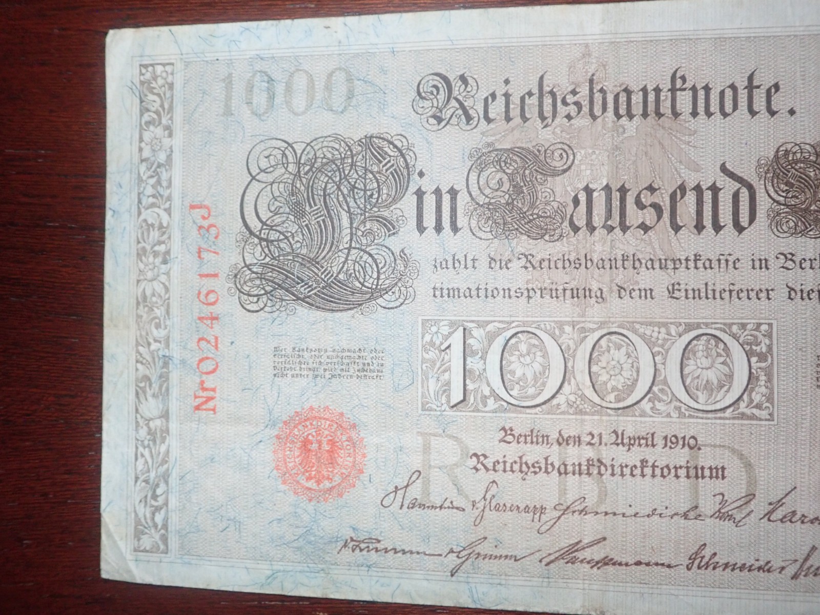 Antique German Bank Note 1910 Reichsbanknote 1000 Mark