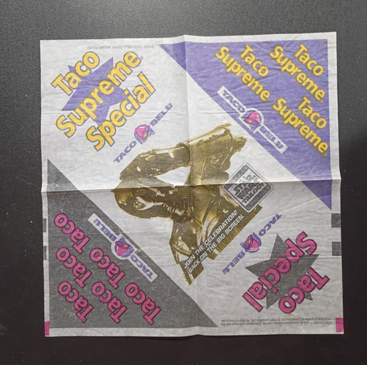 Vintage Star Wars Taco Bell Taco Supreme Wrapper C-3PO 1996 #52963