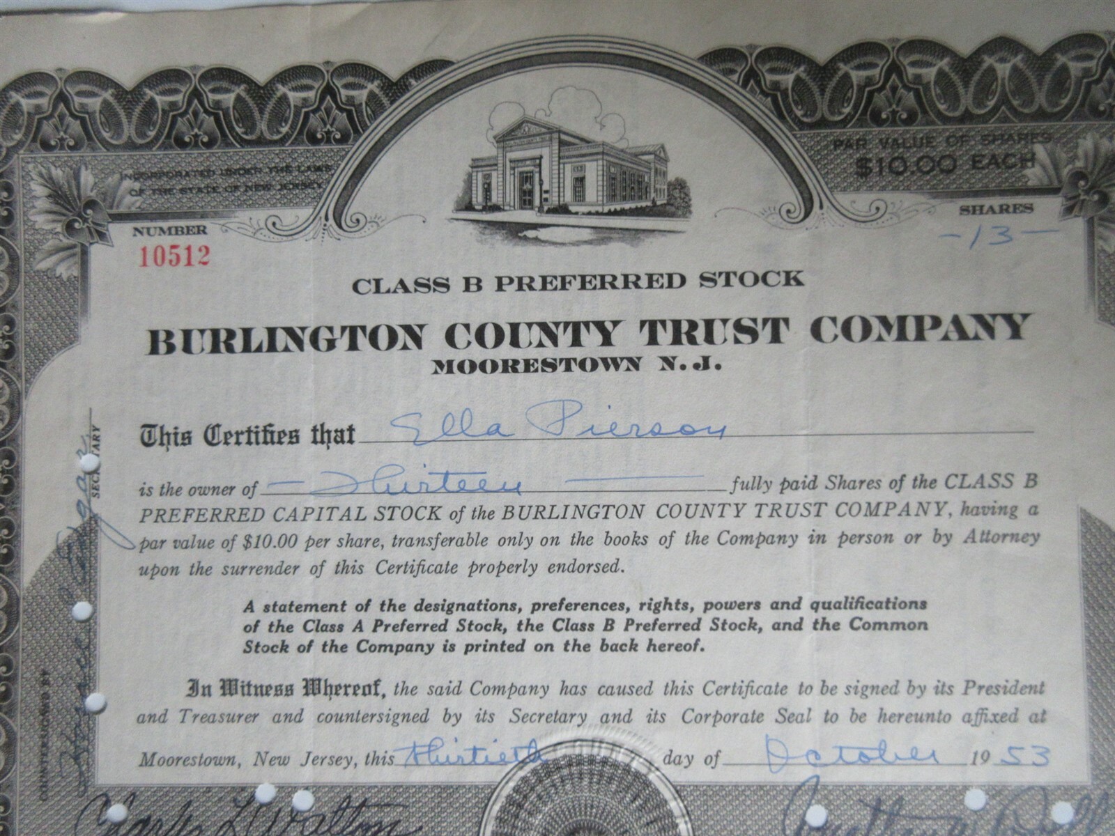 Burlington County Trust Company Stock Certificate Moorestown New Jersey 1953