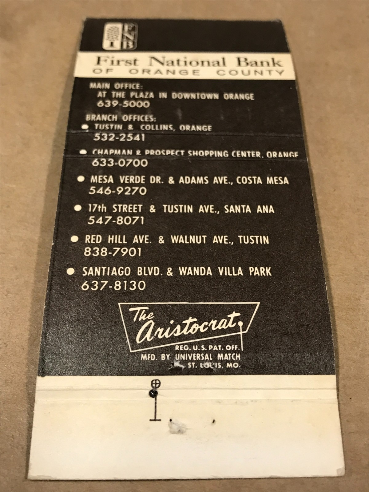 Vintage First National Bank Of Orange County – Matchcover, Matchbook