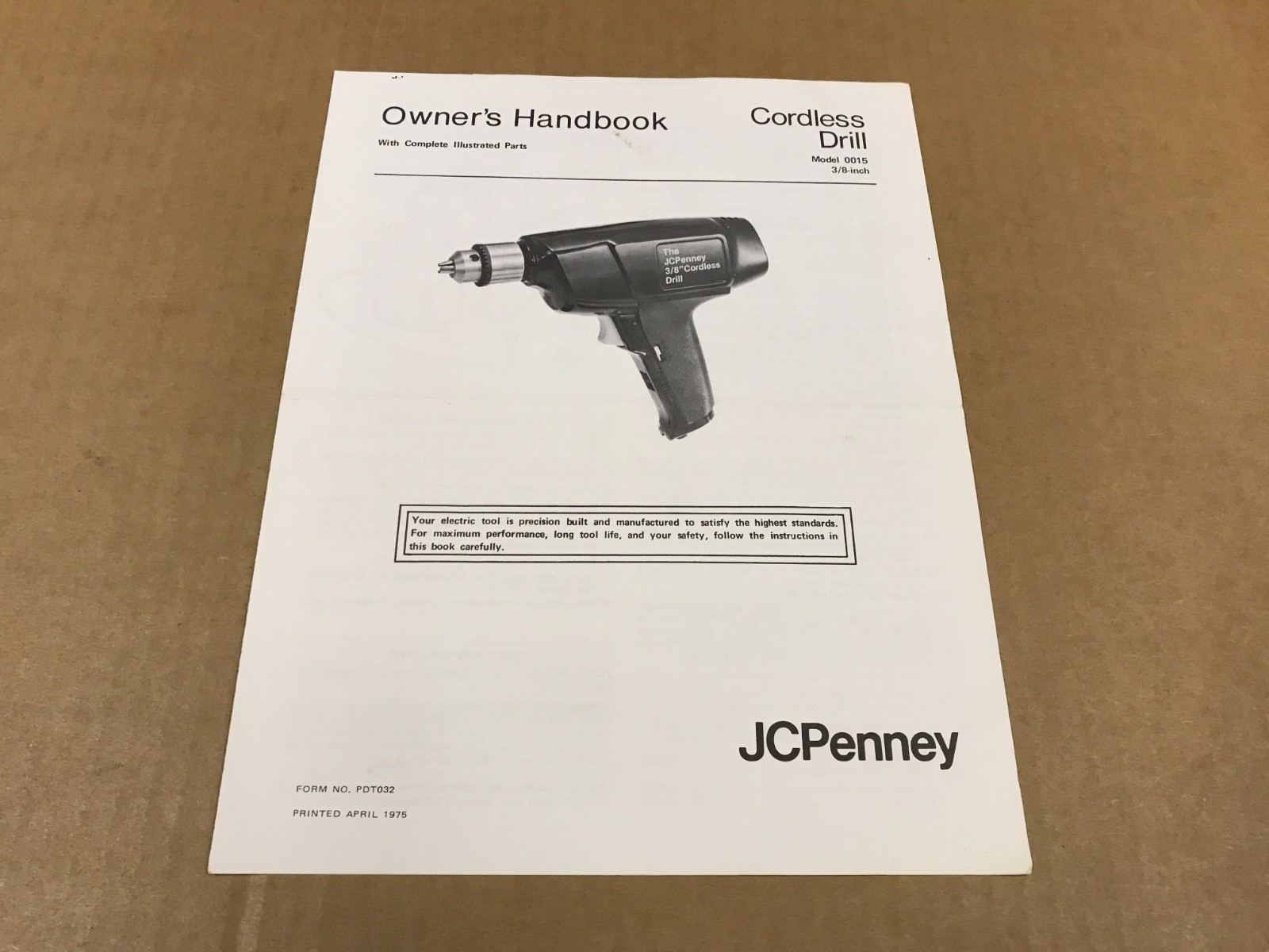 Vintage JCPenney Cordless Drill Model #0015 Owner’s Handbook