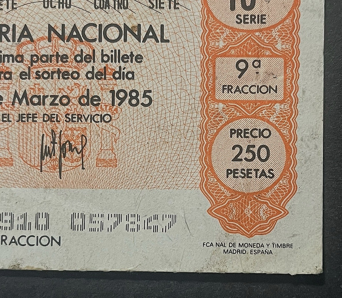 Vintage 1985 España Loteria Nacional Madrid Spain LOTTERY Ticket #57847 Ephemera