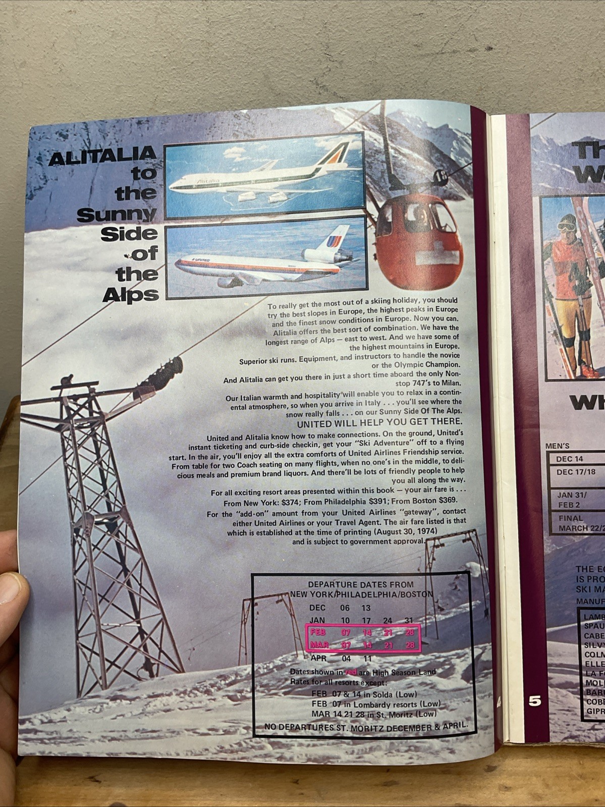1974 Alitalia Air Transpiration Europa ski Tour Adventures United Airlines B40