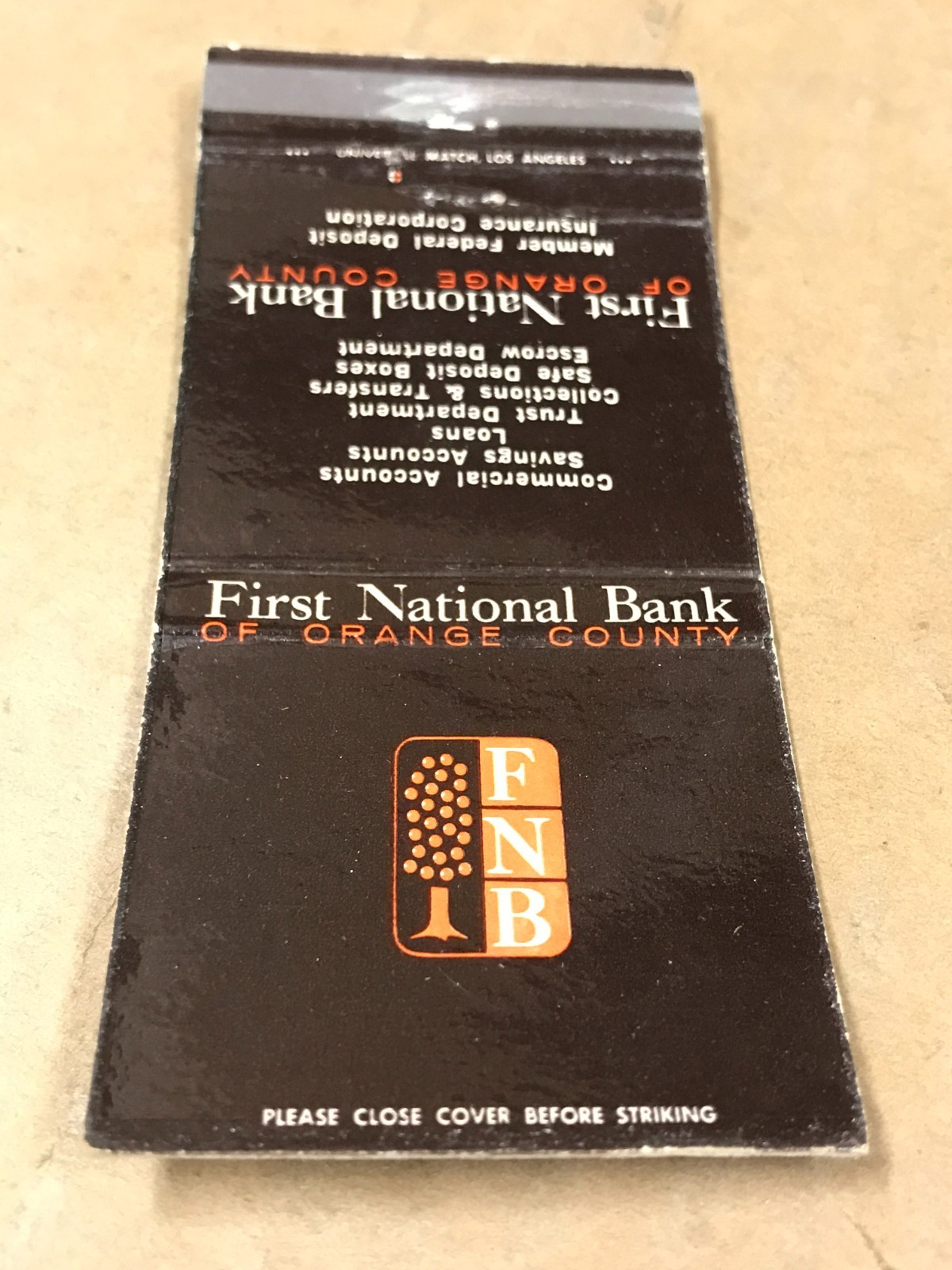 Vintage First National Bank Of Orange County – Matchcover, Matchbook