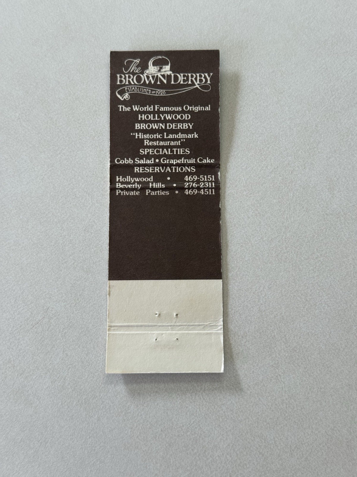 The Brown Derby Hollywood California Matchbook Cover 460