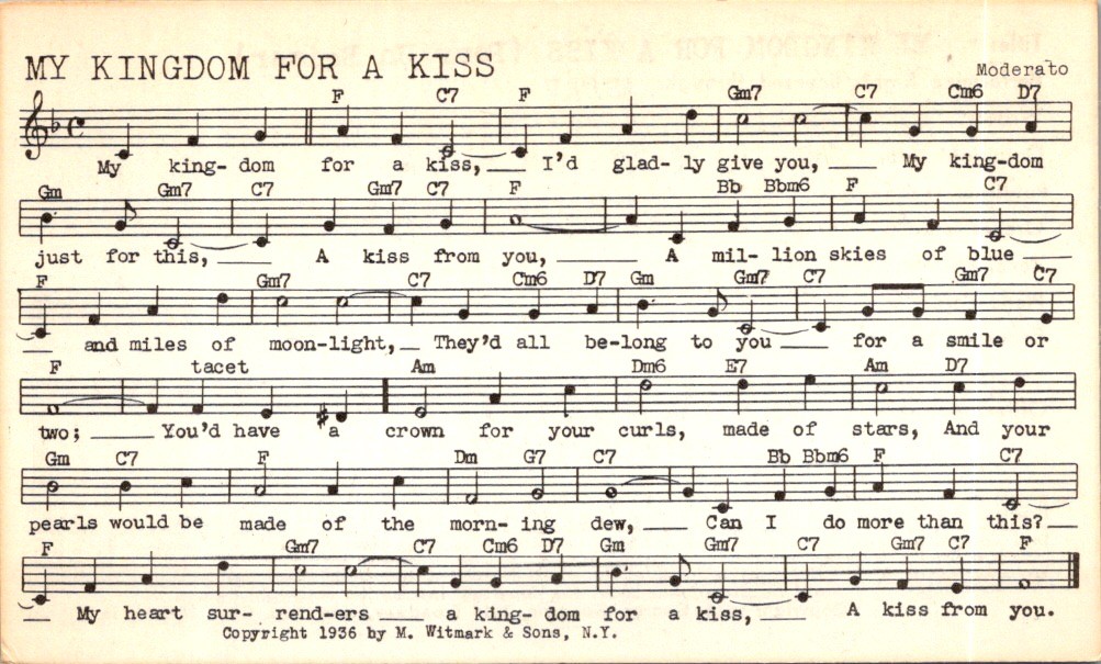 Tune-Dex 1943 My Kingdom for a Kiss Harry Warren Al Dubin Lead Sheet Baiser