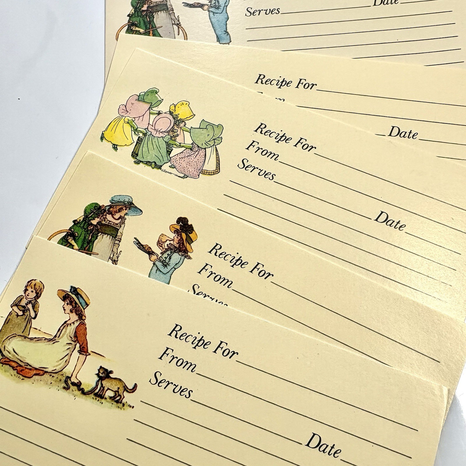 Vtg Recipe Cards Lot 10 pcs Lined Index Size Little Old Fashioned Girls Bonnets