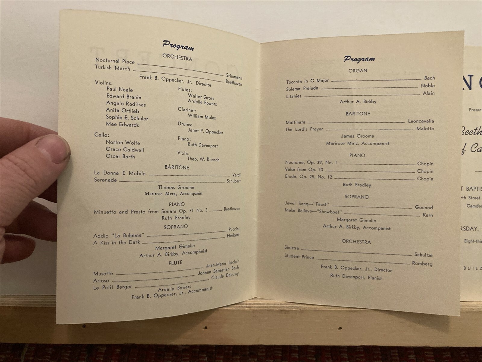 1952 May 8 Beethoven Club of Camden First Baptist Concert Program NJ Vintage NJ