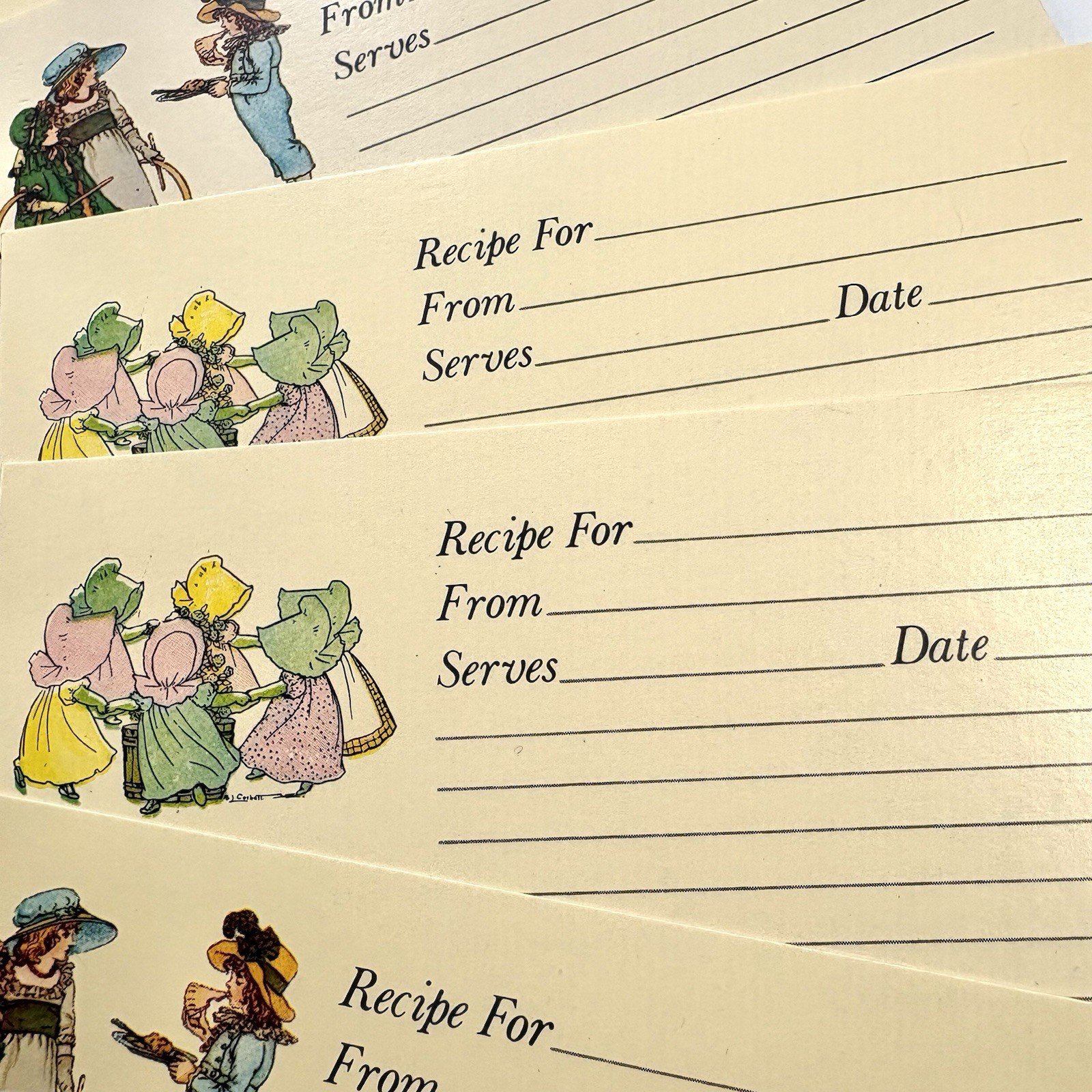 Vtg Recipe Cards Lot 10 pcs Lined Index Size Little Old Fashioned Girls Bonnets