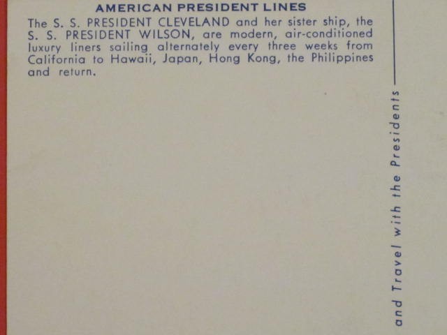 American President Lines Post Card / S.S. President Cleveland & Wilson