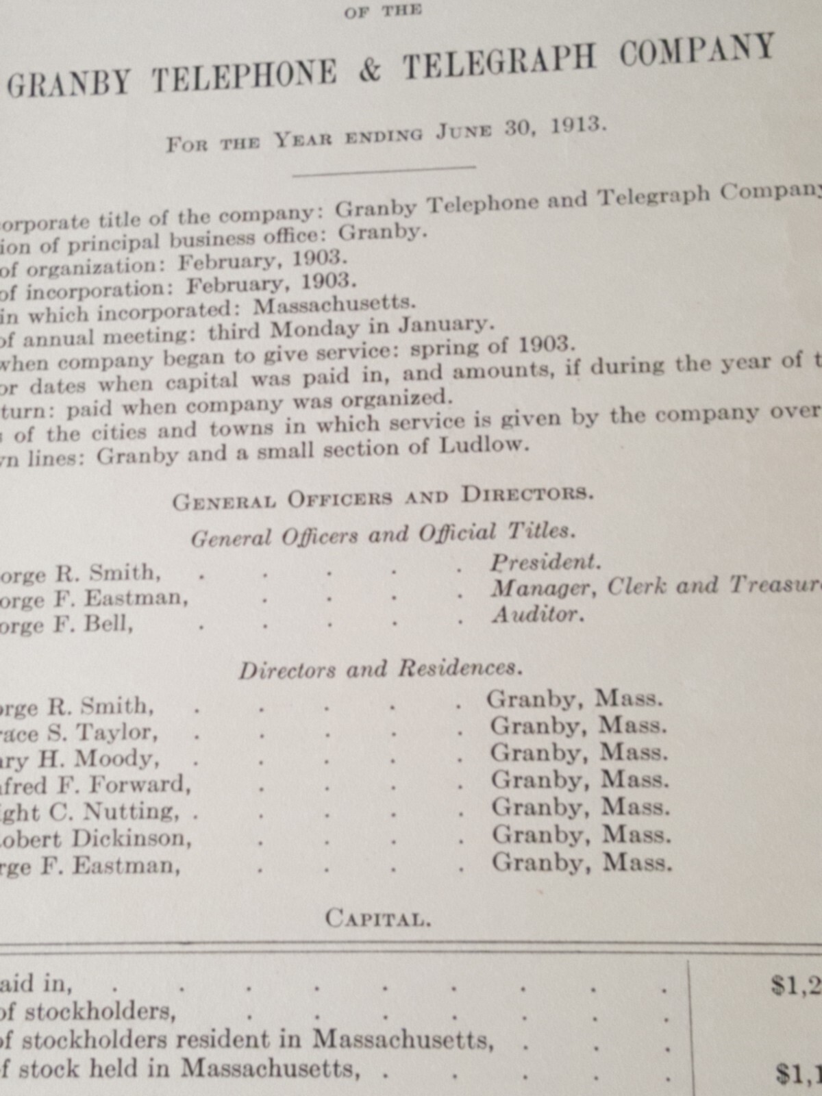 1913 report GRANBY TELEPHONE & TELEGRAPH COMPANY Granby Massachusetts RARE