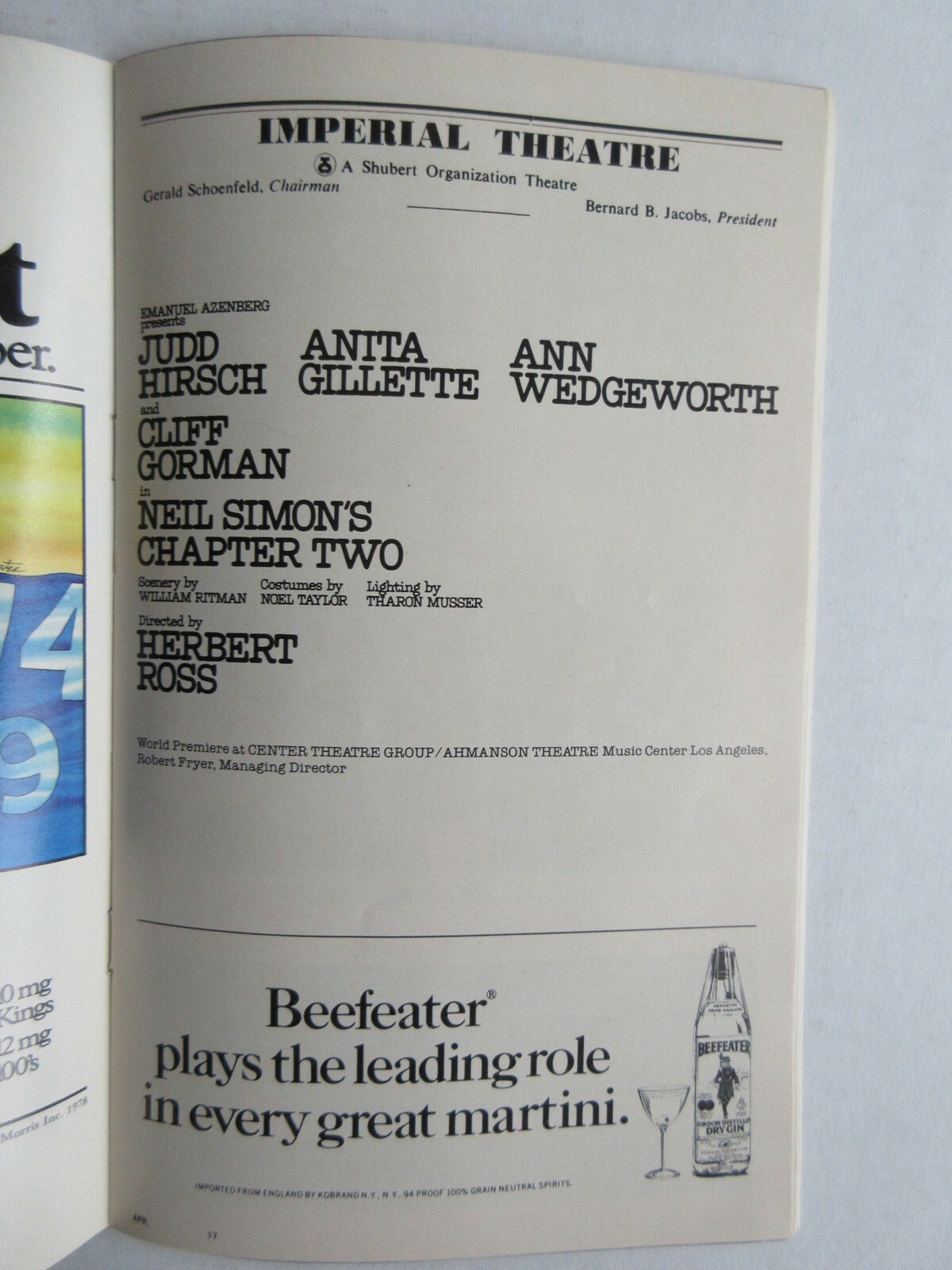 PLAYBILL – chapter two April 1978 New York City NY IMPERIAL THEATRE Judd Hirsch