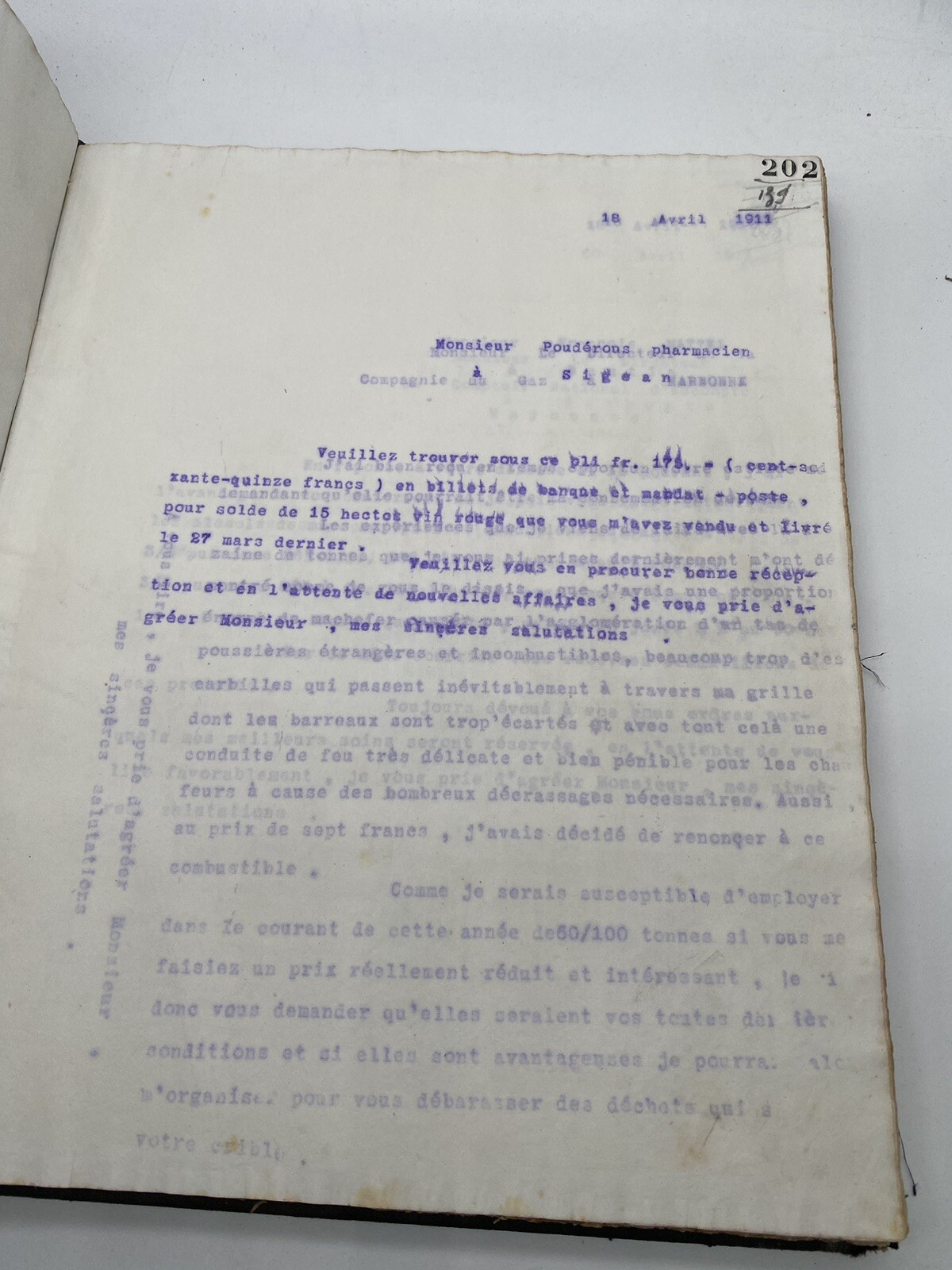 Bousquet-Combes, distiller in Narbonne, commercial correspondence, early 20th…