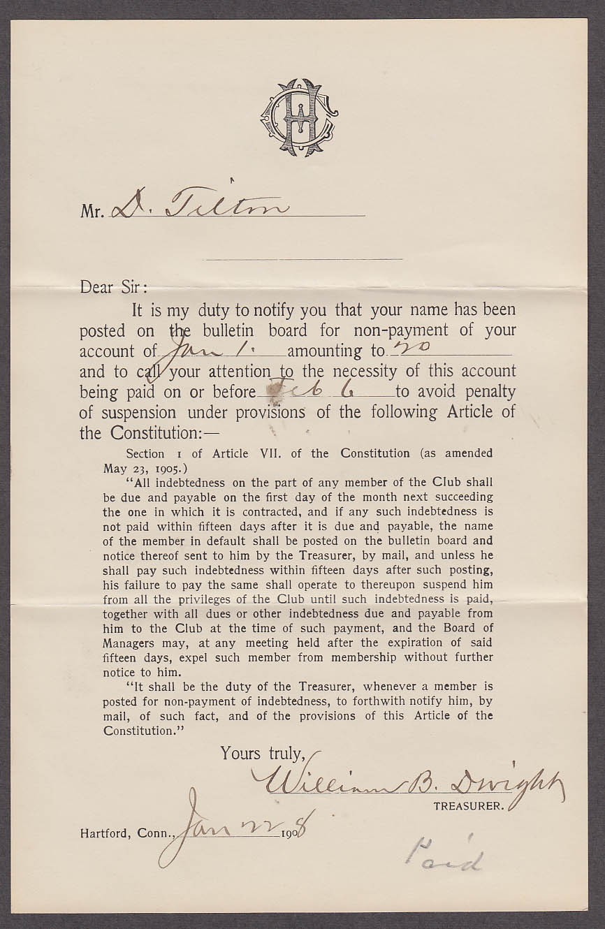 The Hartford Club non-payment of dues notice 1908 marked paid CT
